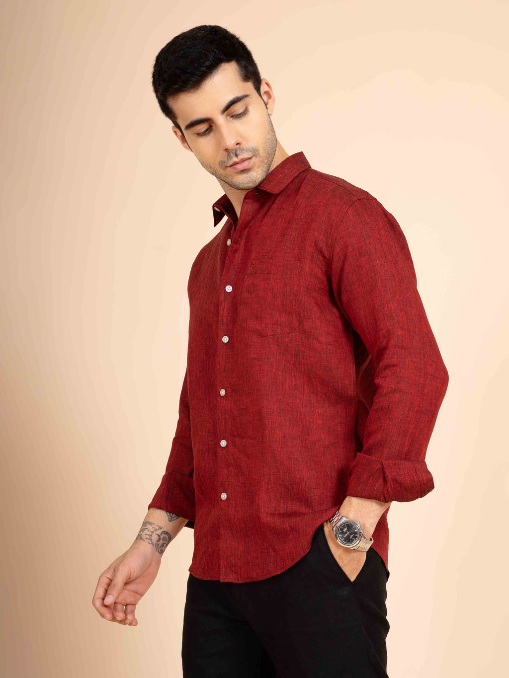 ST4U Men's Pure Linen Full Sleeve Shirt – Dark Maroon