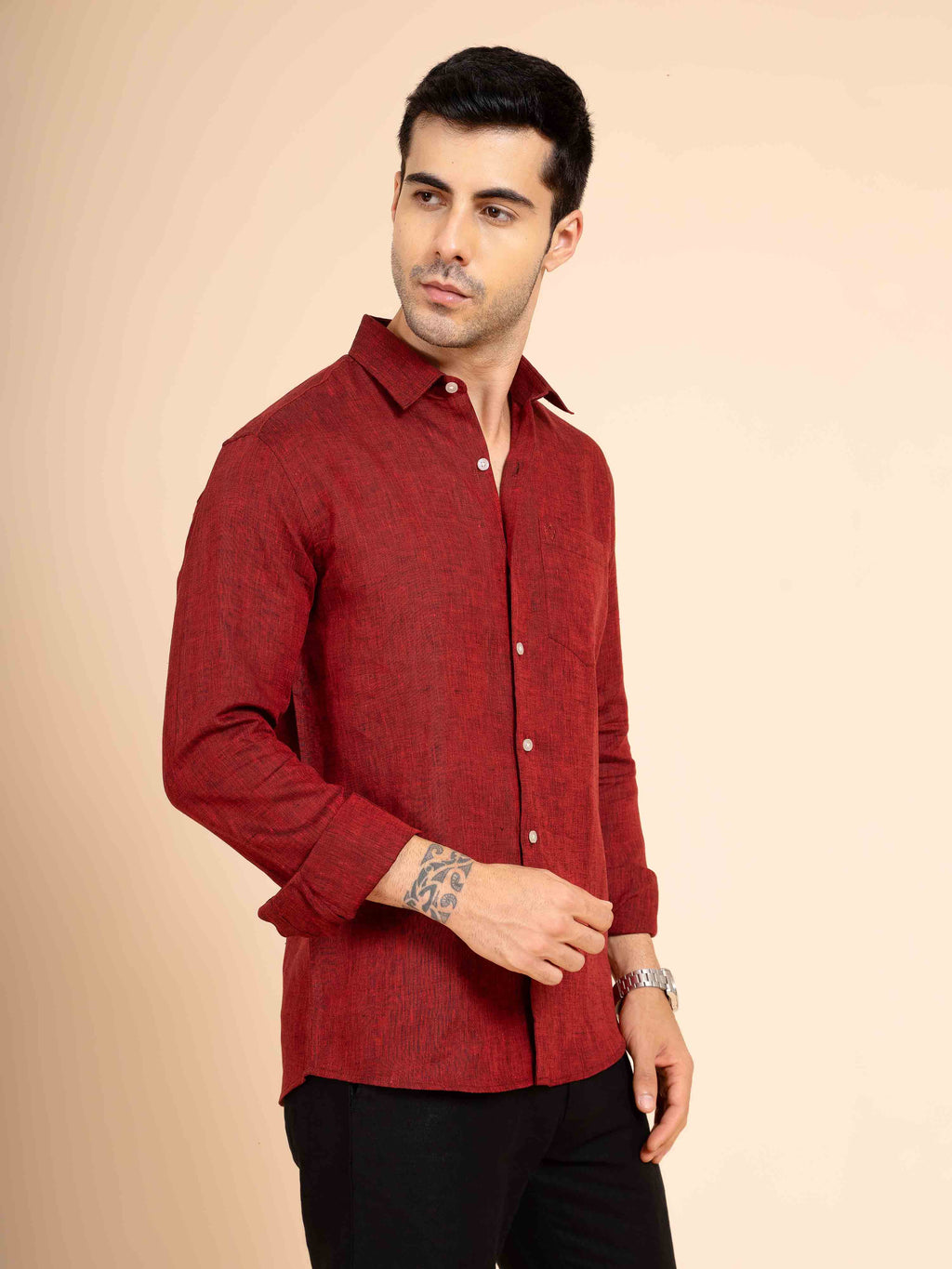 ST4U Men's Pure Linen Full Sleeve Shirt – Dark Maroon