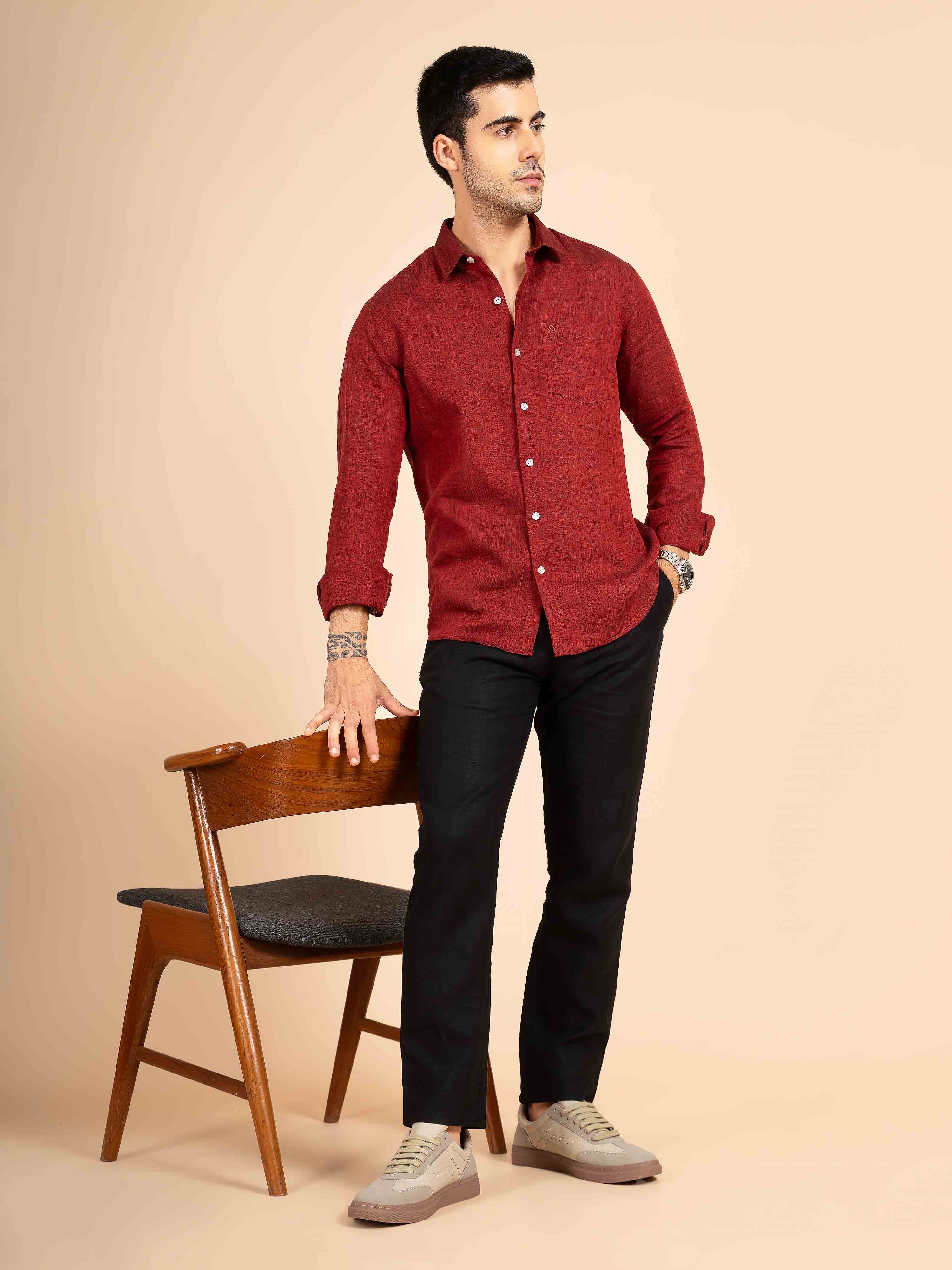 ST4U Men's Pure Linen Full Sleeve Shirt – Dark Maroon