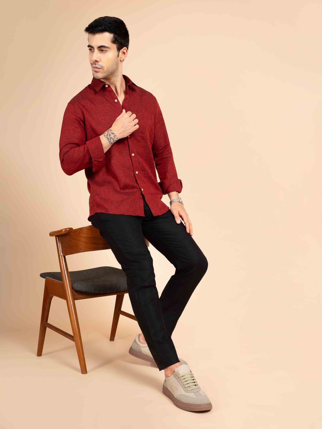 ST4U Men's Pure Linen Full Sleeve Shirt – Dark Maroon