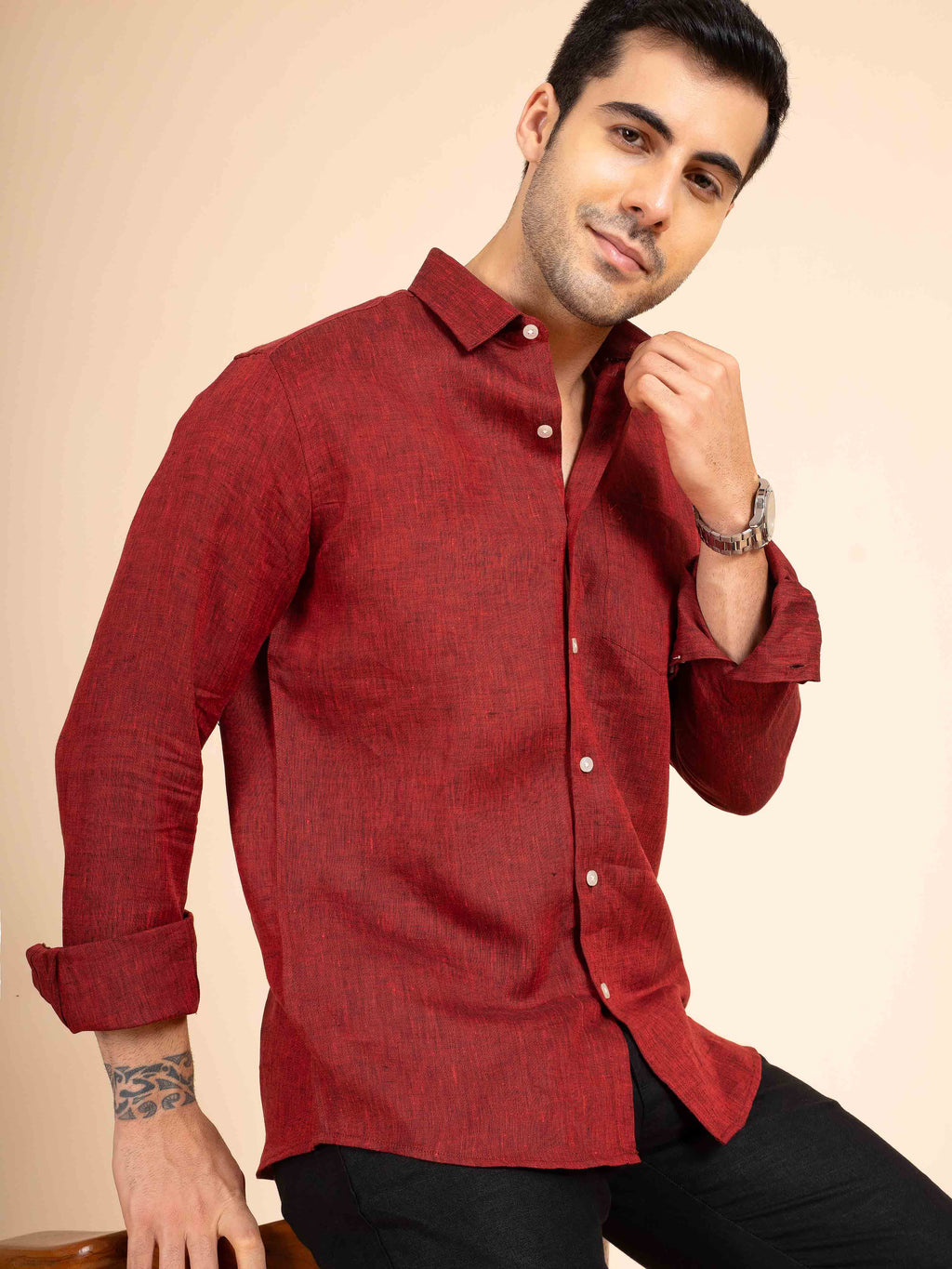 ST4U Men's Pure Linen Full Sleeve Shirt – Dark Maroon