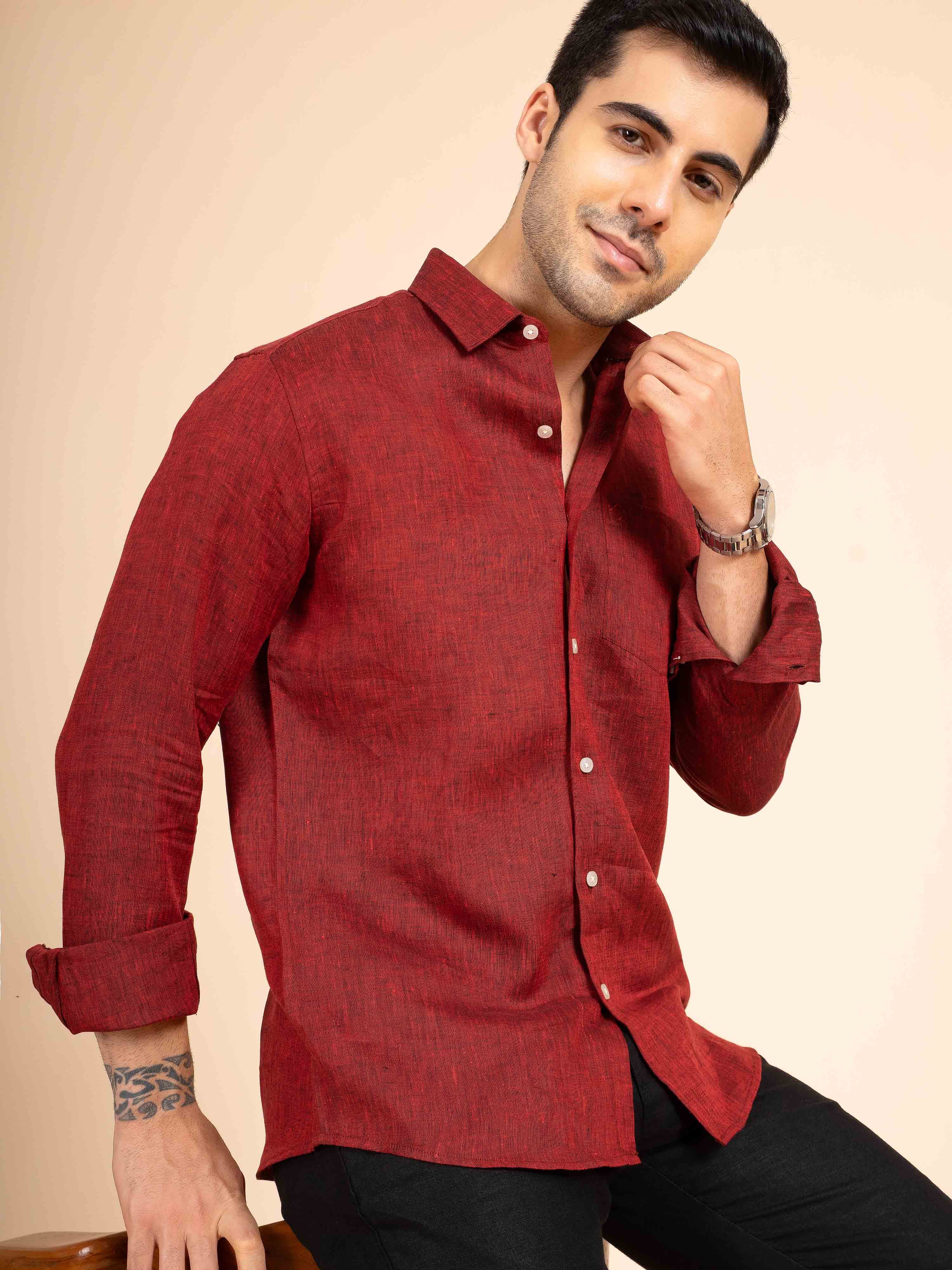 ST4U Men's Pure Linen Full Sleeve Shirt – Dark Maroon