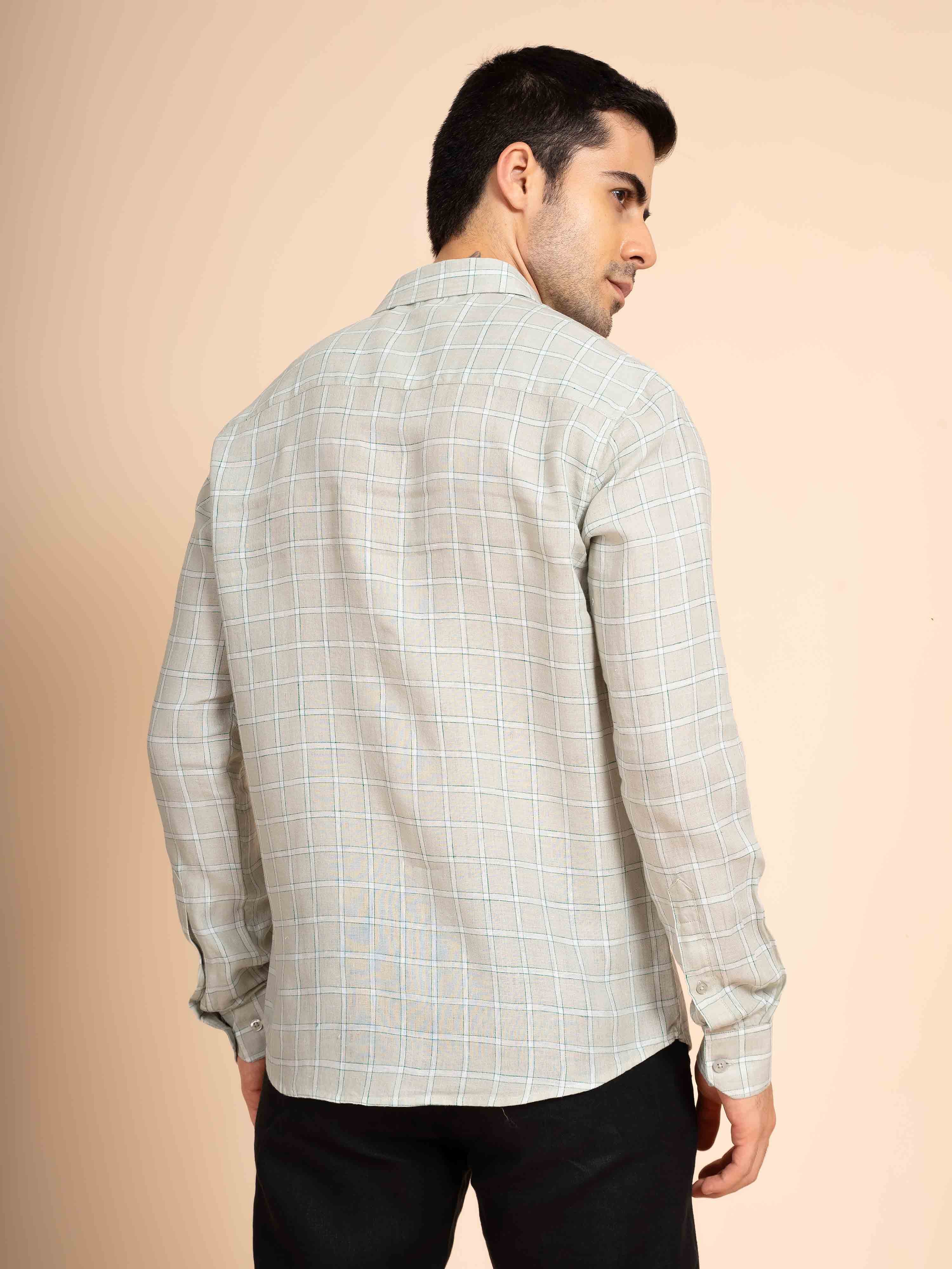 ST4U Men's Pure Linen Full Sleeve Checked Shirt – Light Grey Checks