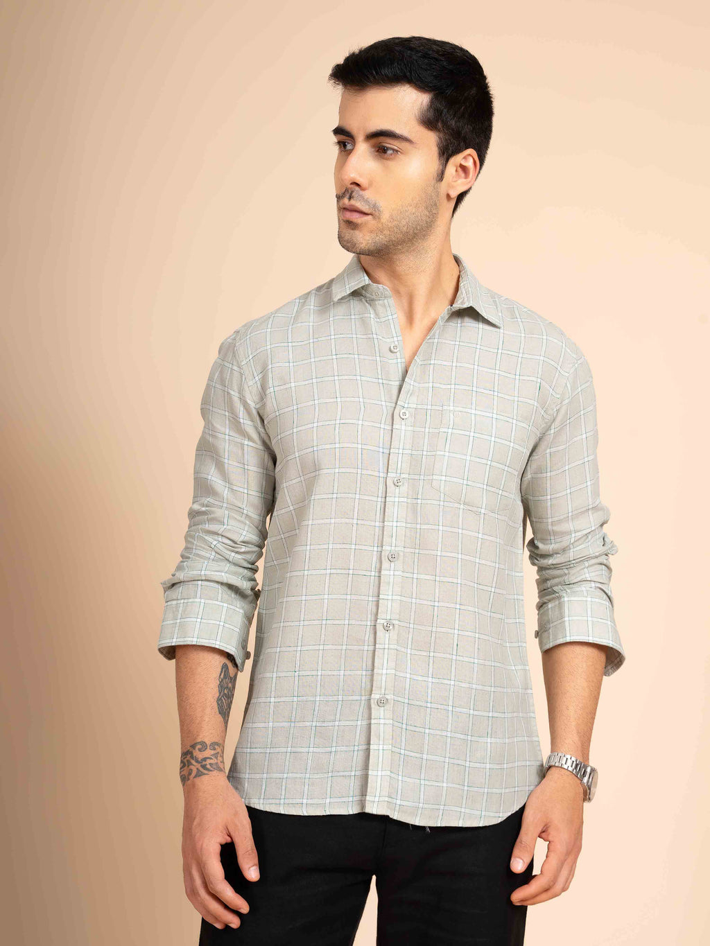 ST4U Men's Pure Linen Full Sleeve Checked Shirt – Light Grey Checks