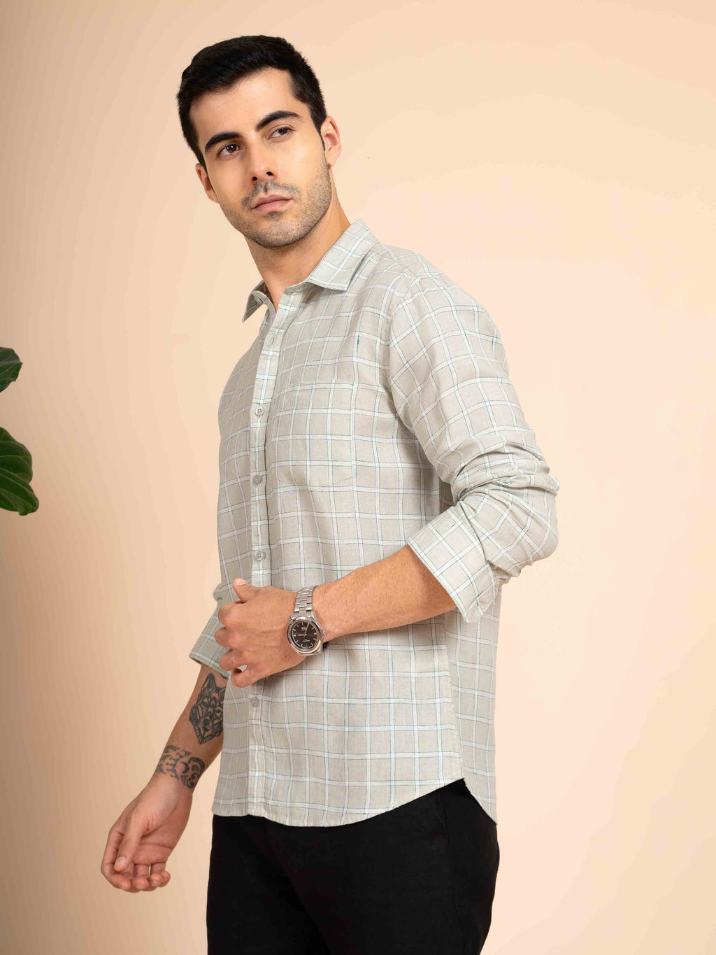 ST4U Men's Pure Linen Full Sleeve Checked Shirt – Light Grey Checks