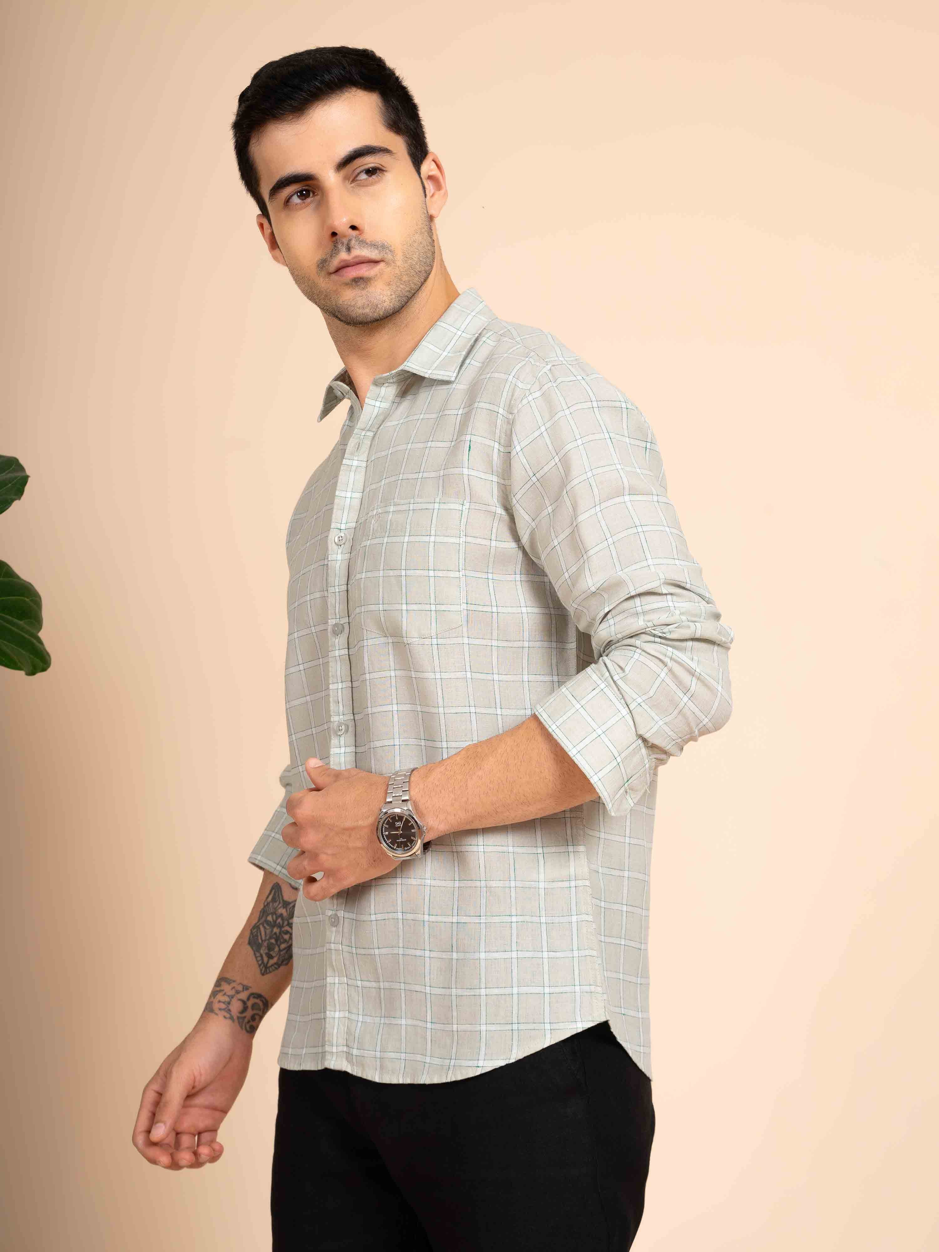 ST4U Men's Pure Linen Full Sleeve Checked Shirt – Light Grey Checks