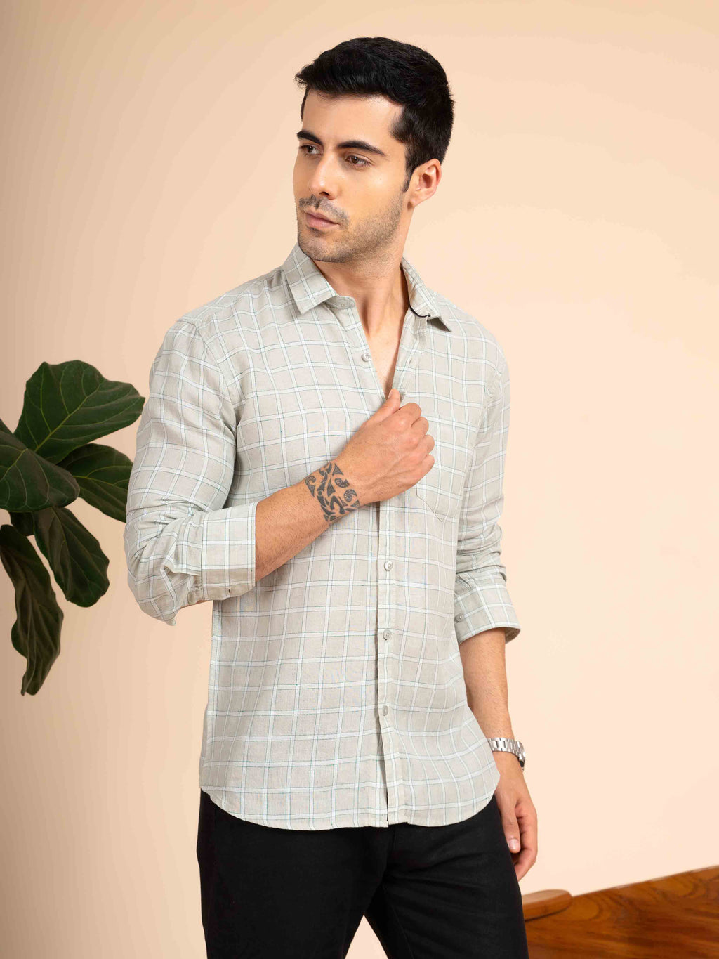 ST4U Men's Pure Linen Full Sleeve Checked Shirt – Light Grey Checks