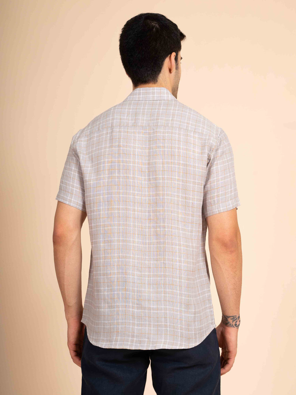 ST4U Men's Pure Linen Half Sleeve Checked Shirt – Mustard Grey Checks