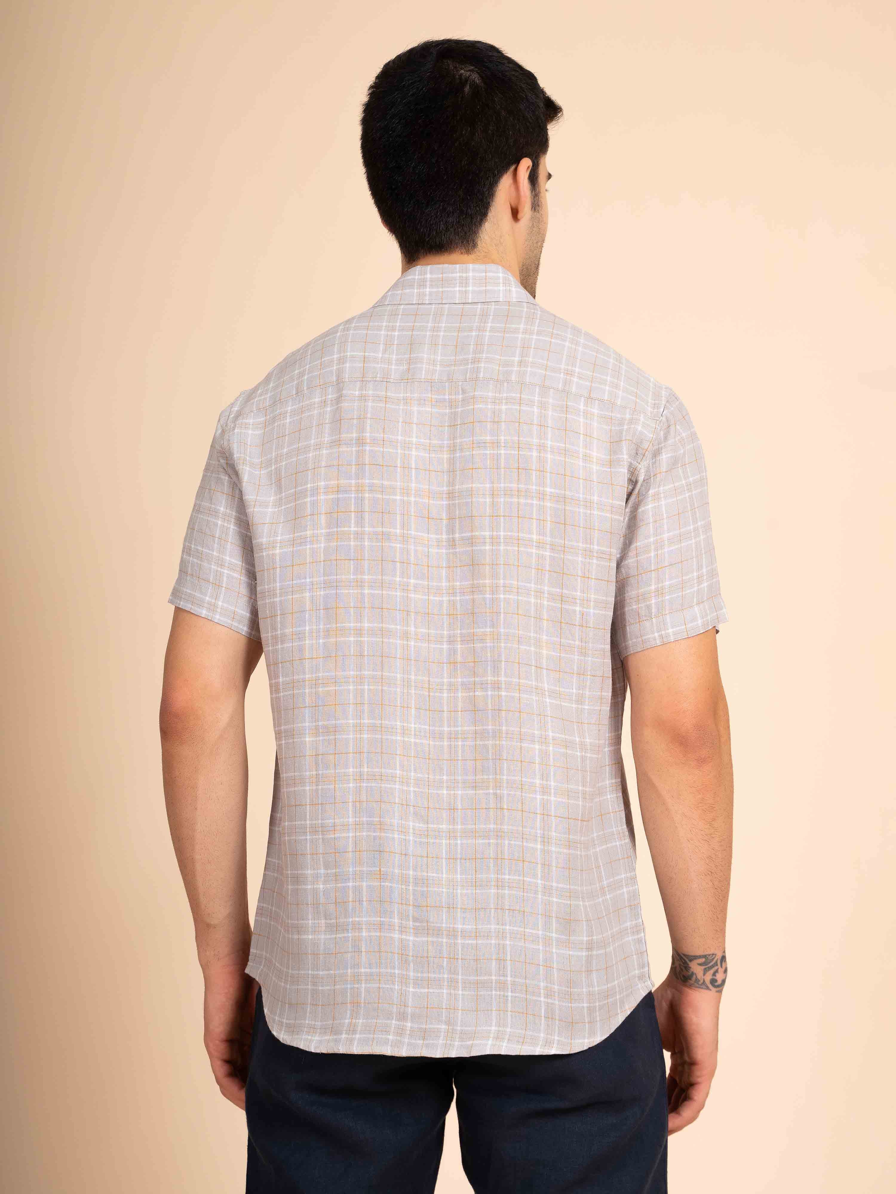 ST4U Men's Pure Linen Half Sleeve Checked Shirt – Mustard Grey Checks