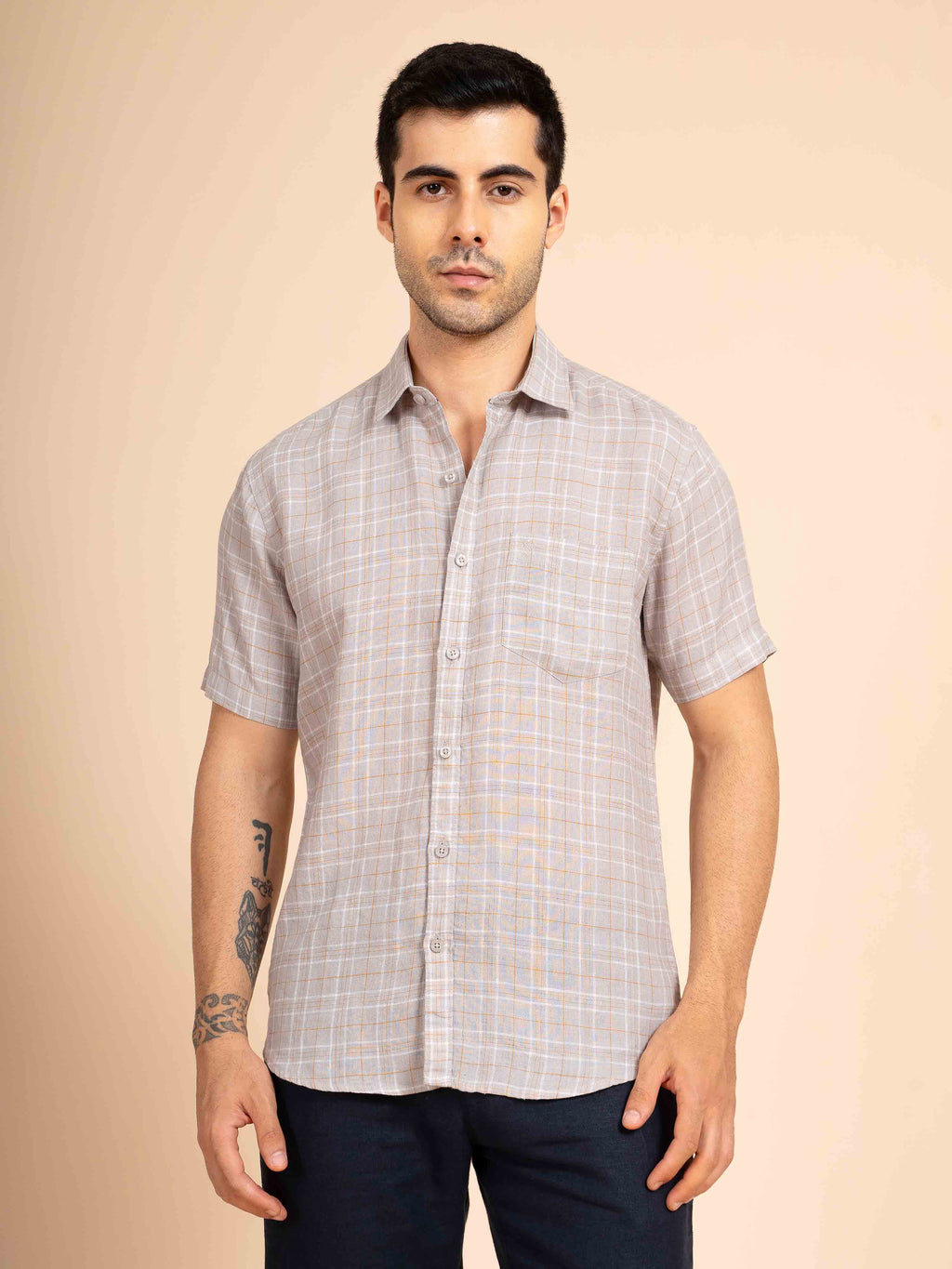 ST4U Men's Pure Linen Half Sleeve Checked Shirt – Mustard Grey Checks