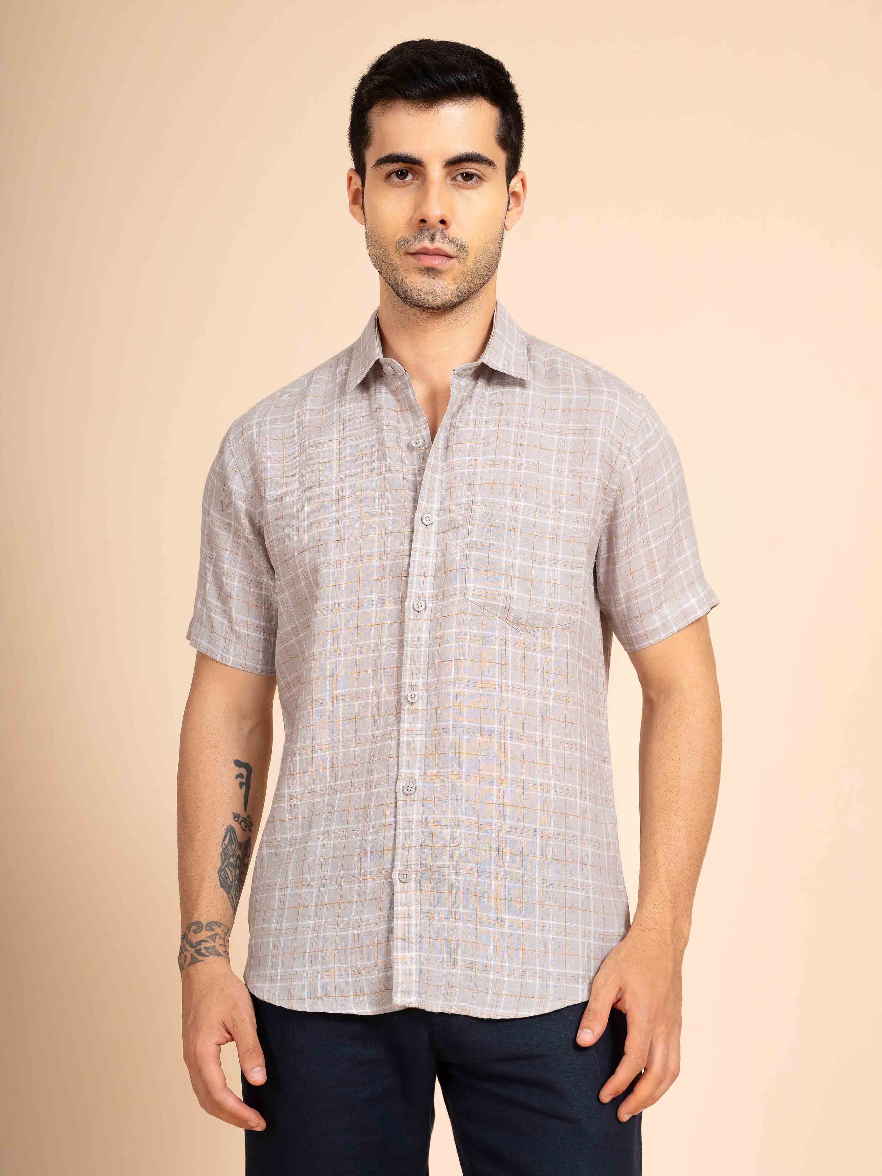 ST4U Men's Pure Linen Half Sleeve Checked Shirt – Mustard Grey Checks