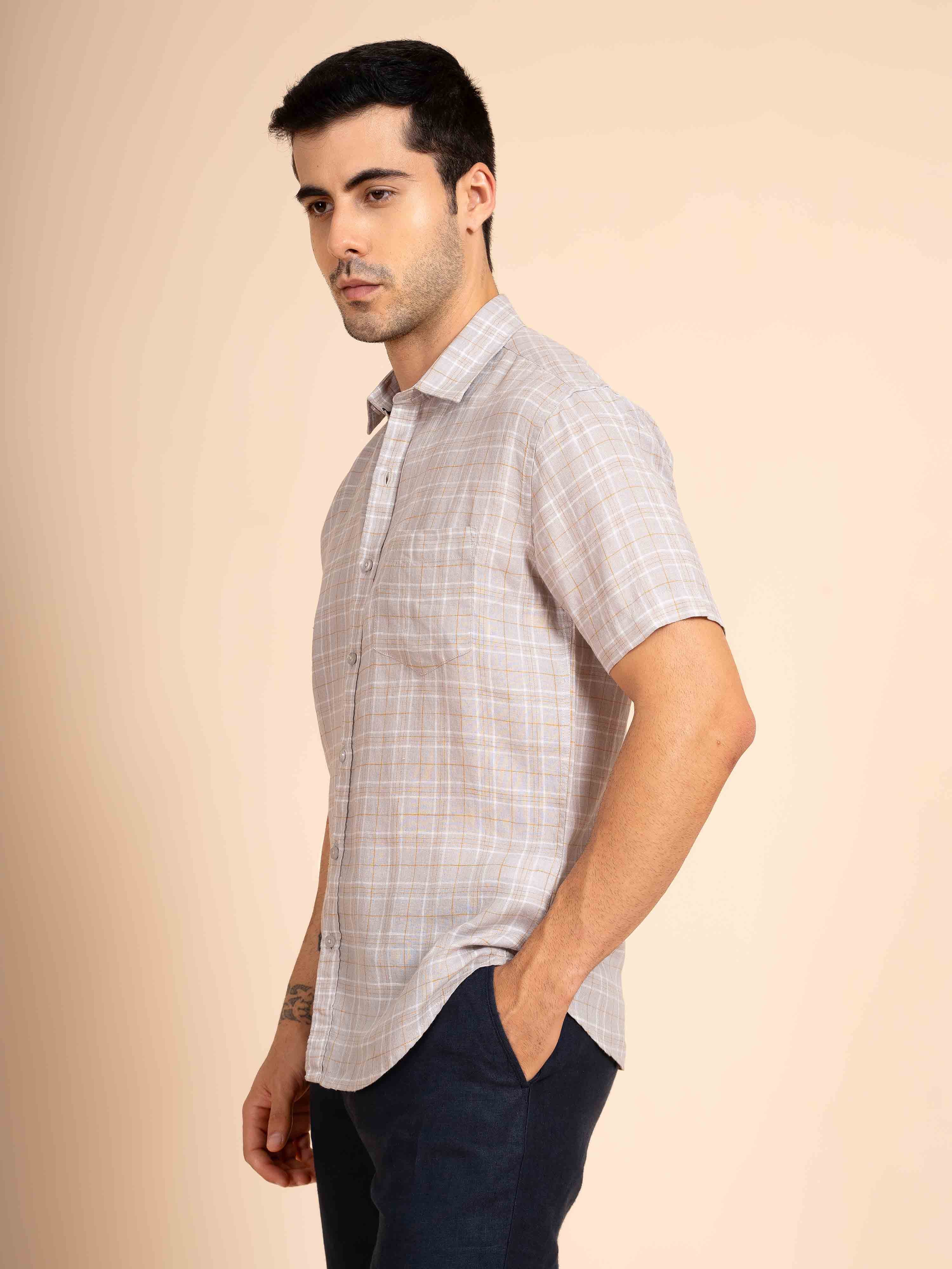 ST4U Men's Pure Linen Half Sleeve Checked Shirt – Mustard Grey Checks