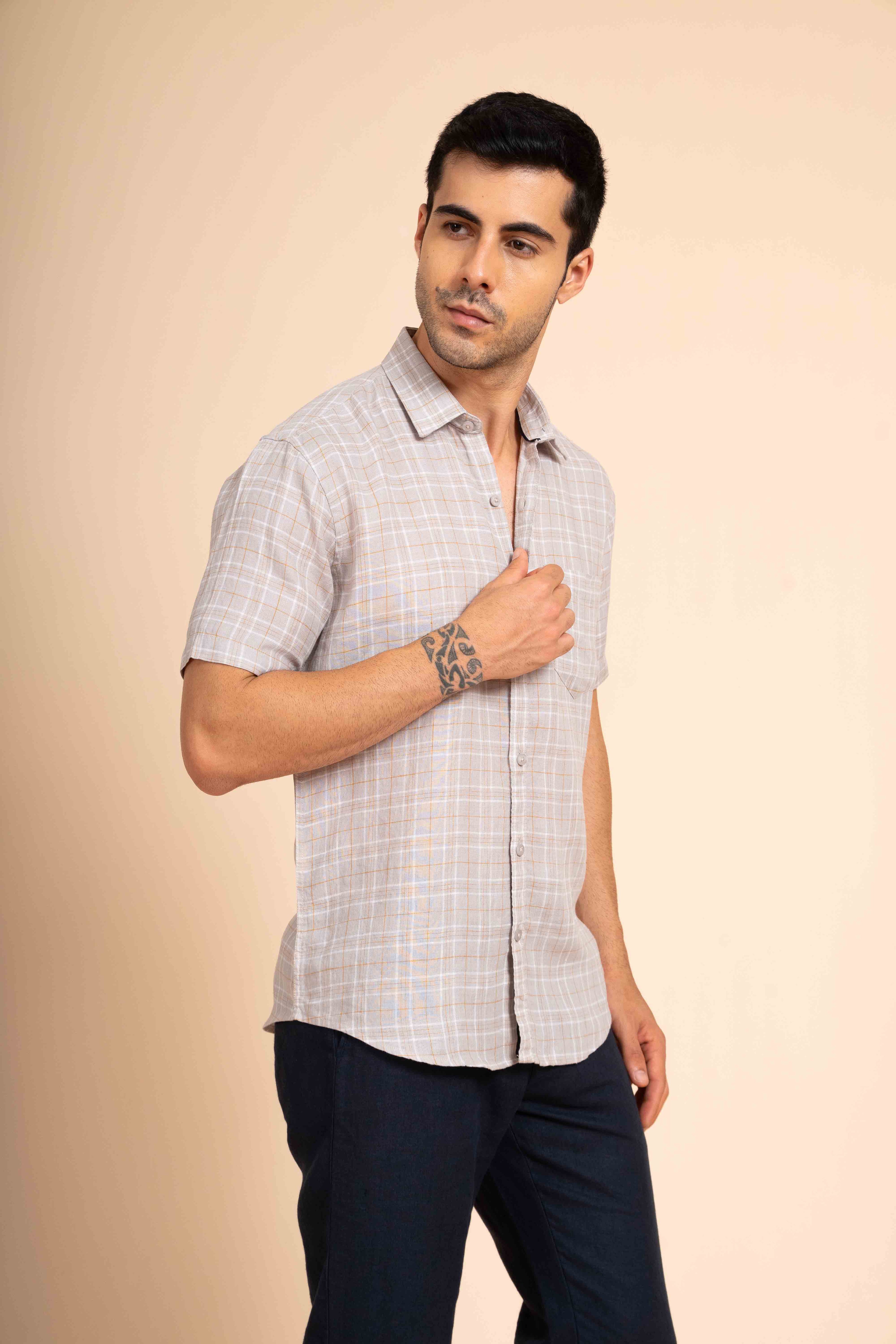ST4U Men's Pure Linen Half Sleeve Checked Shirt – Mustard Grey Checks