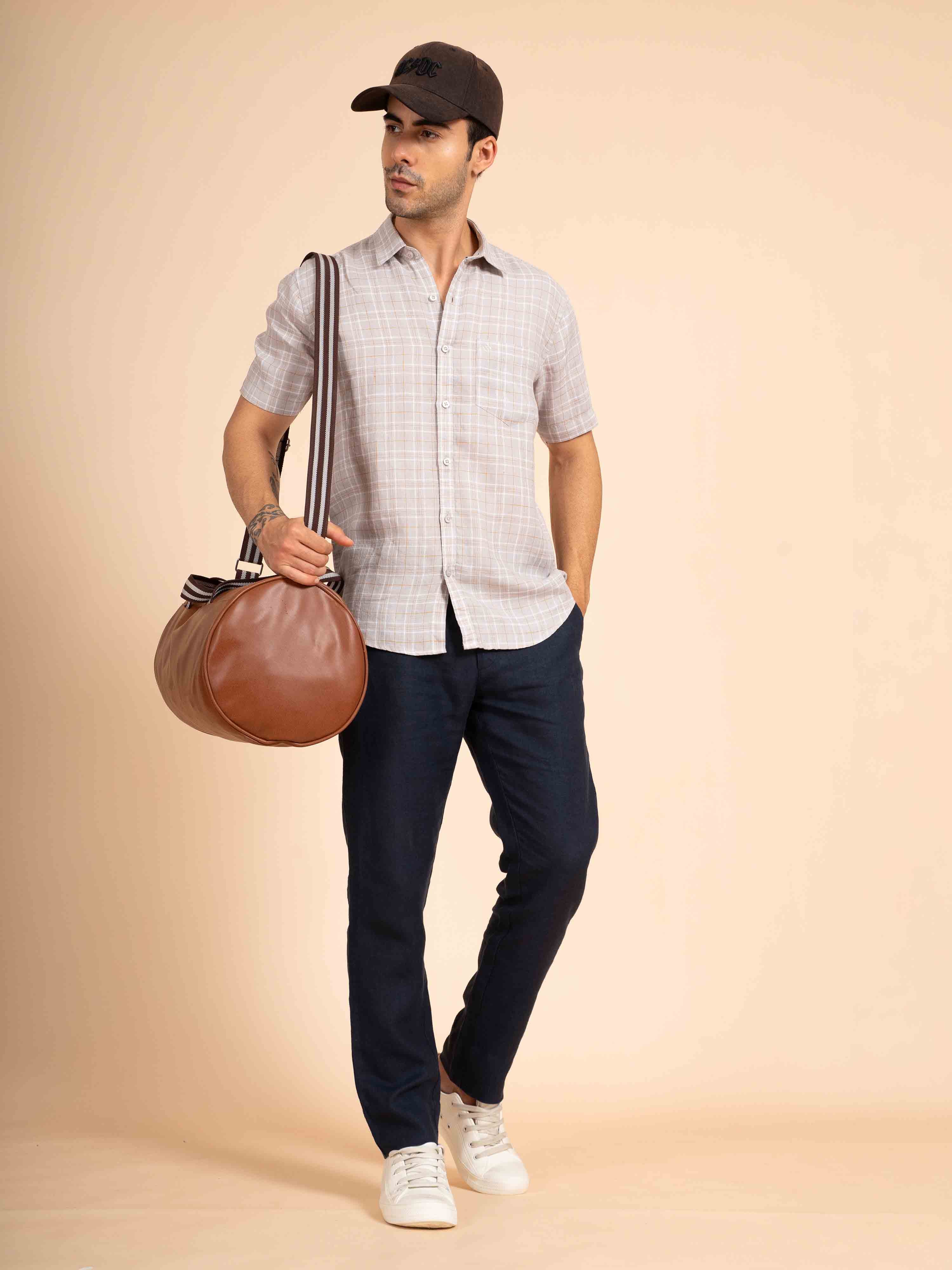 ST4U Men's Pure Linen Half Sleeve Checked Shirt – Mustard Grey Checks