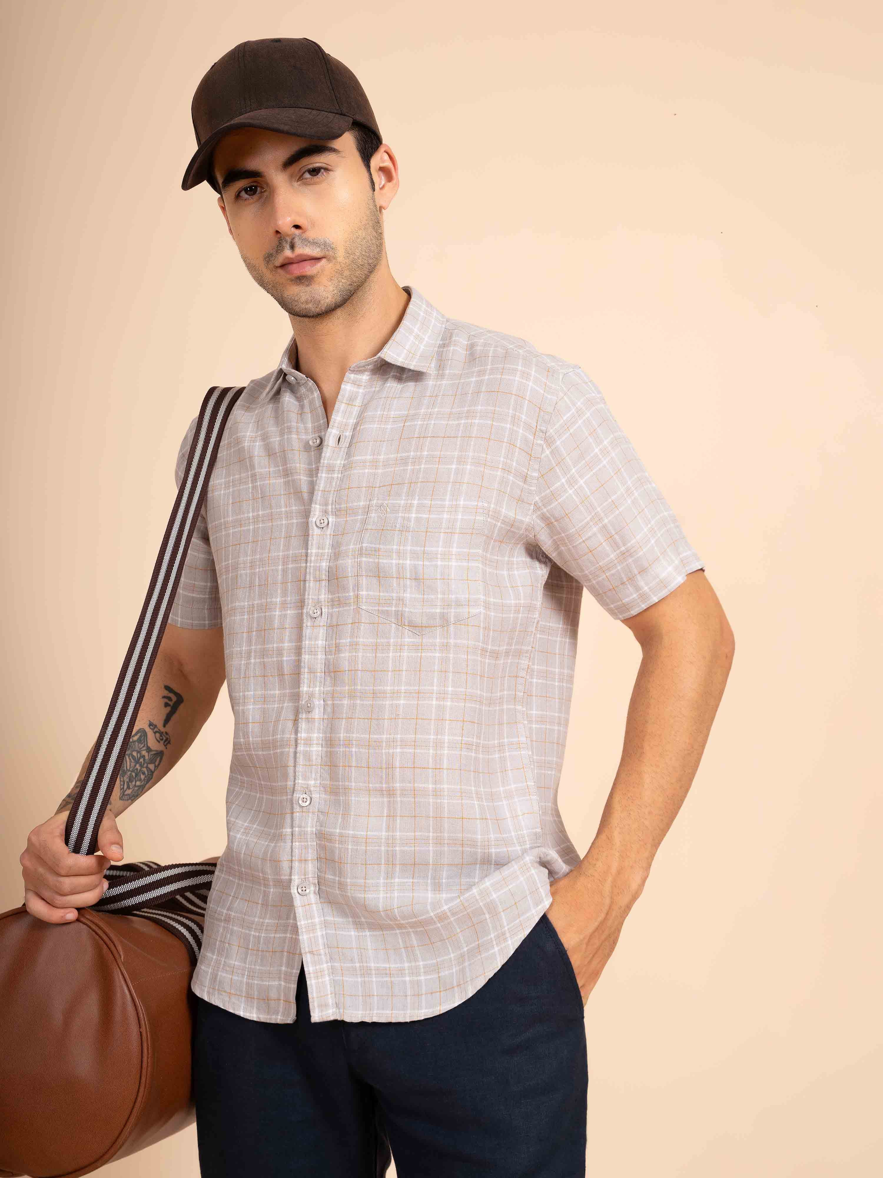 ST4U Men's Pure Linen Half Sleeve Checked Shirt – Mustard Grey Checks