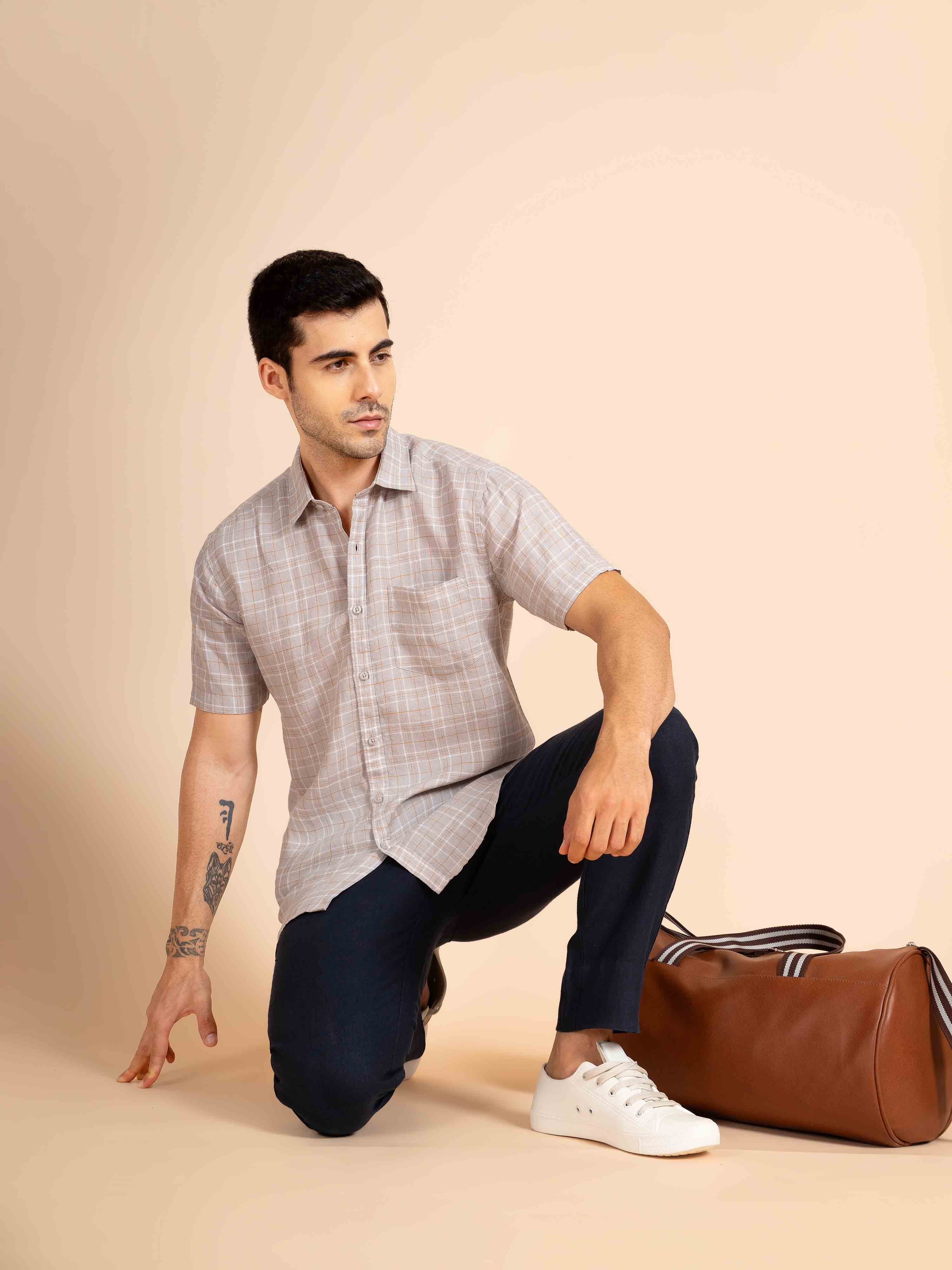 ST4U Men's Pure Linen Half Sleeve Checked Shirt – Mustard Grey Checks