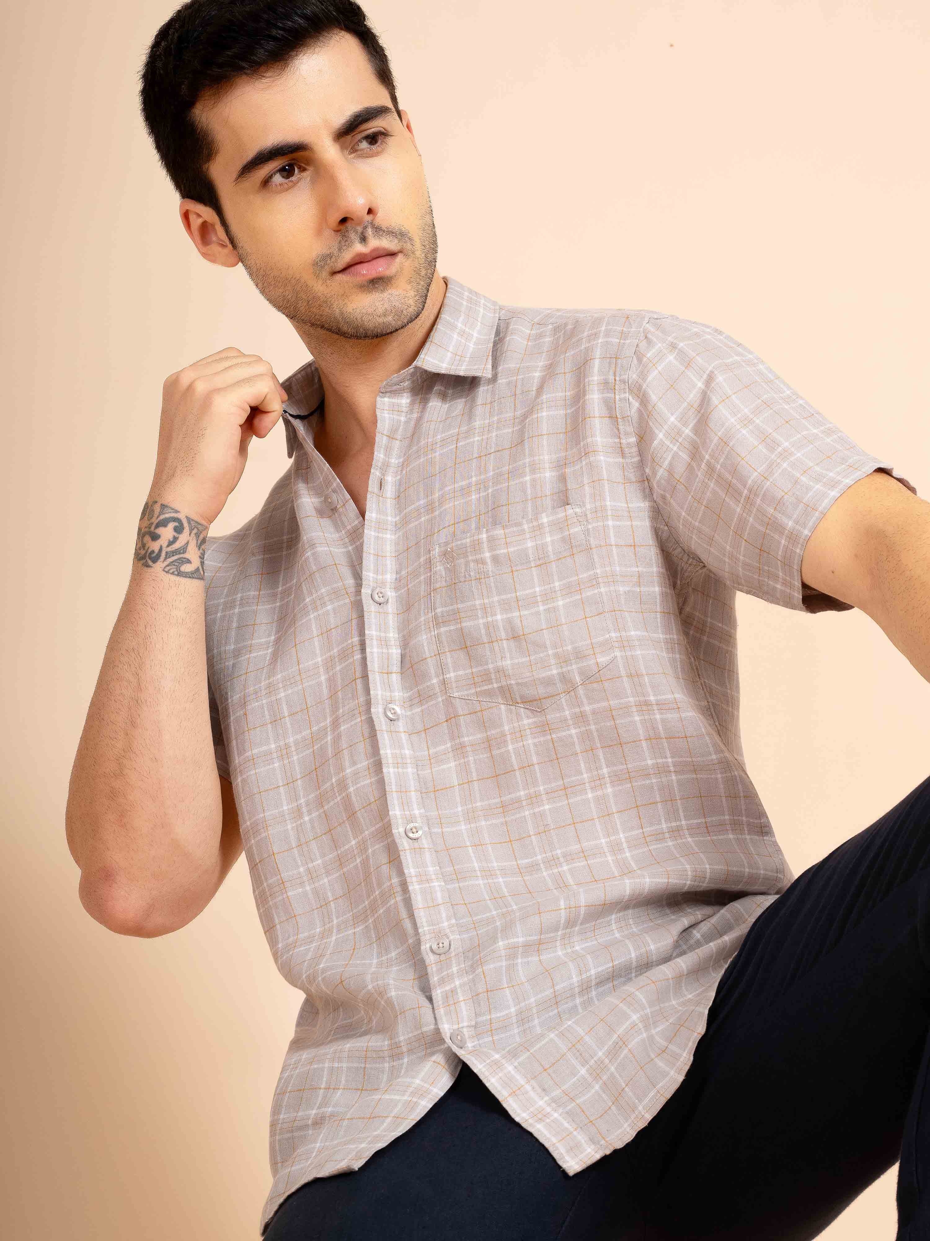 ST4U Men's Pure Linen Half Sleeve Checked Shirt – Mustard Grey Checks
