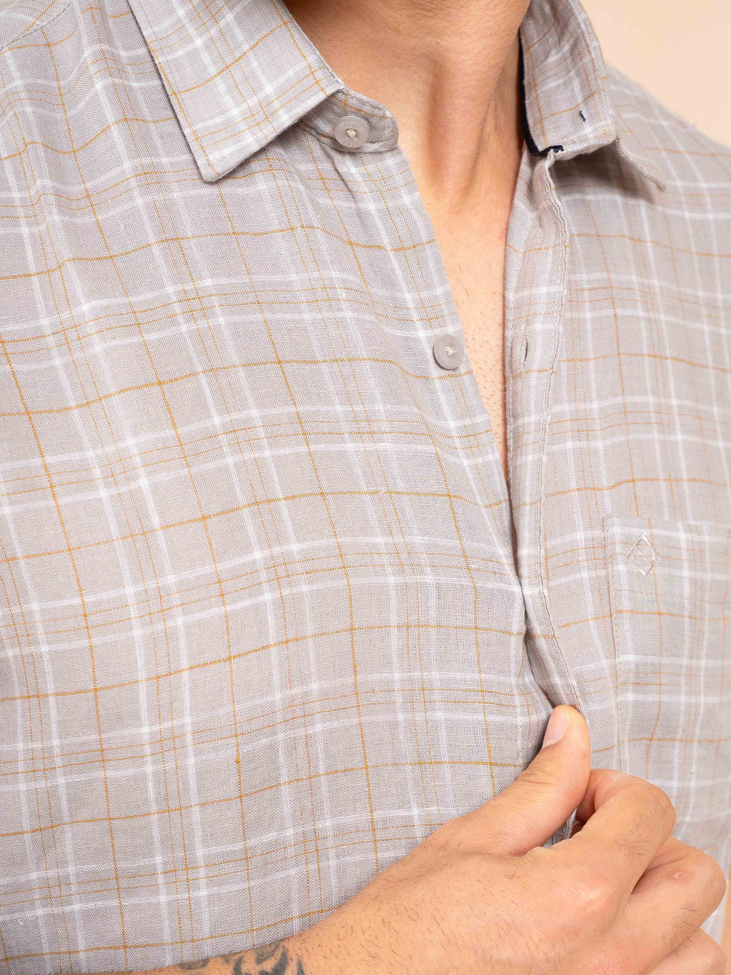 ST4U Men's Pure Linen Half Sleeve Checked Shirt – Mustard Grey Checks