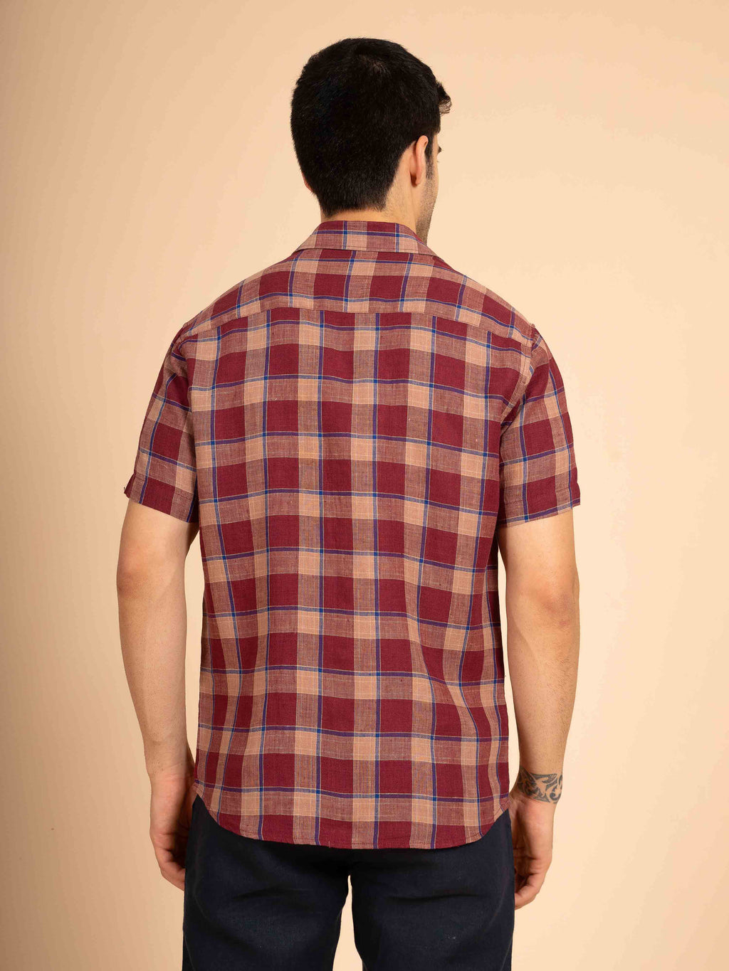 ST4U Men's Pure Linen Half Sleeve Checked Shirt – Maroon Blue Checks