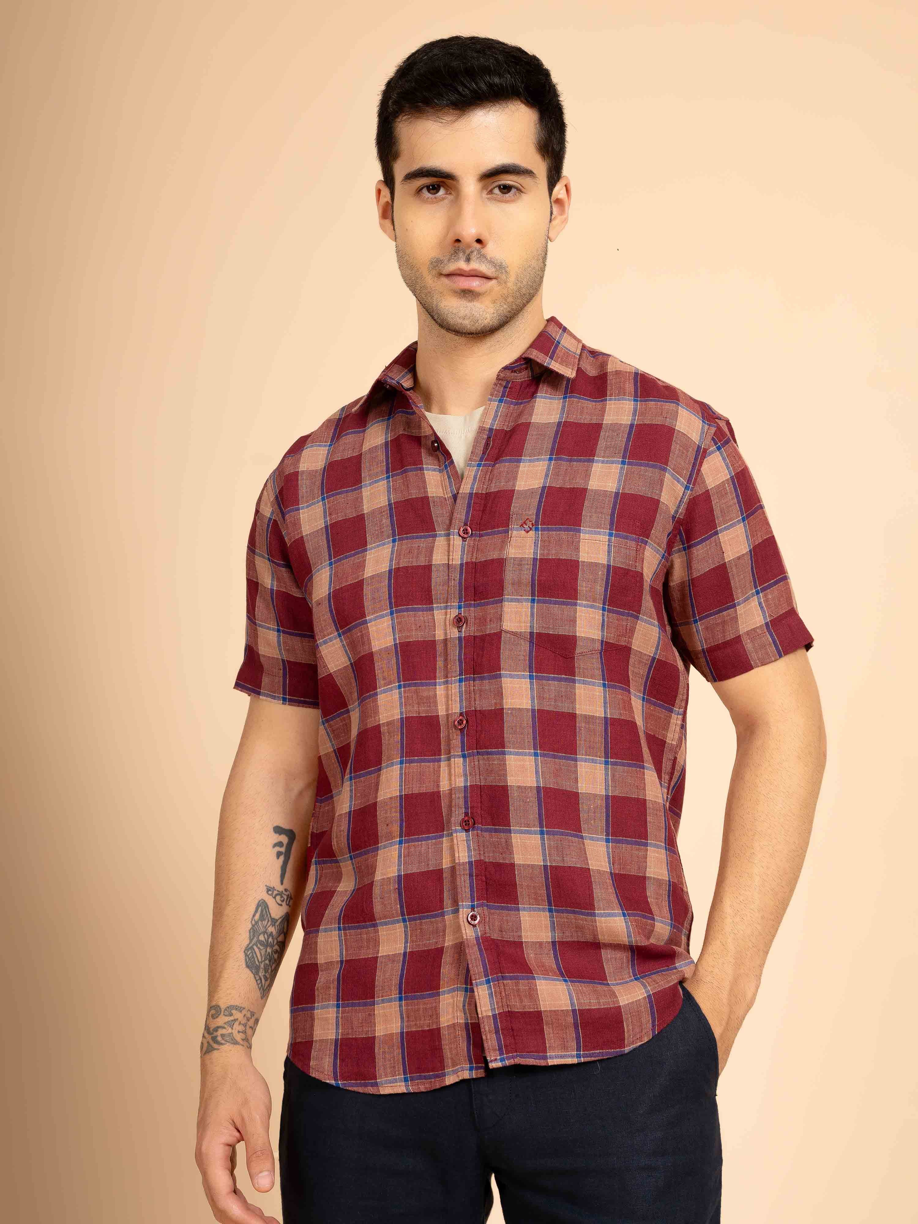 ST4U Men's Pure Linen Half Sleeve Checked Shirt – Maroon Blue Checks