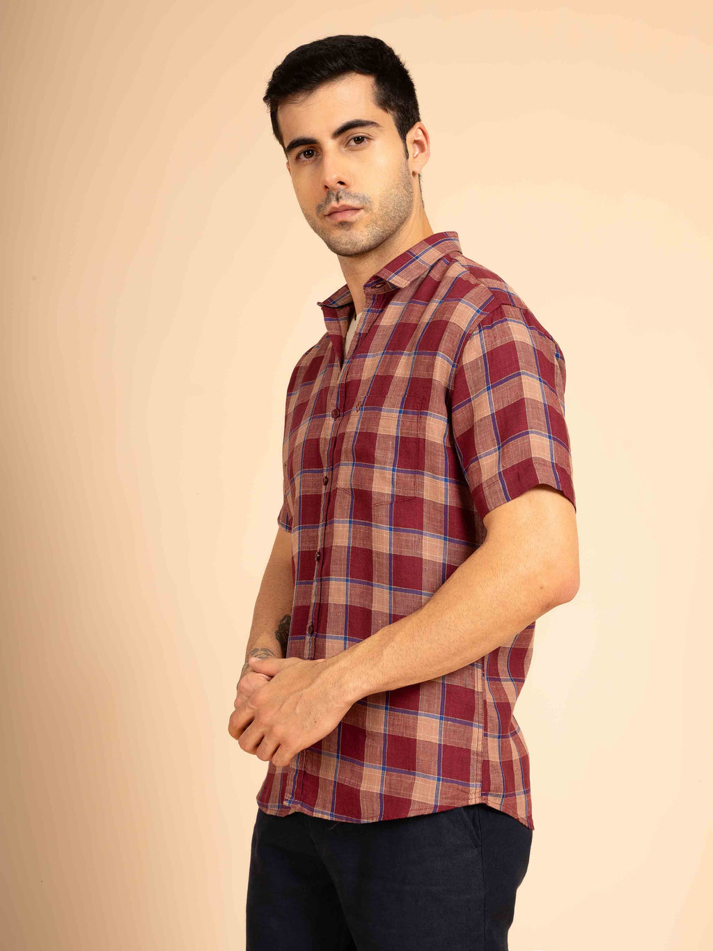 ST4U Men's Pure Linen Half Sleeve Checked Shirt – Maroon Blue Checks