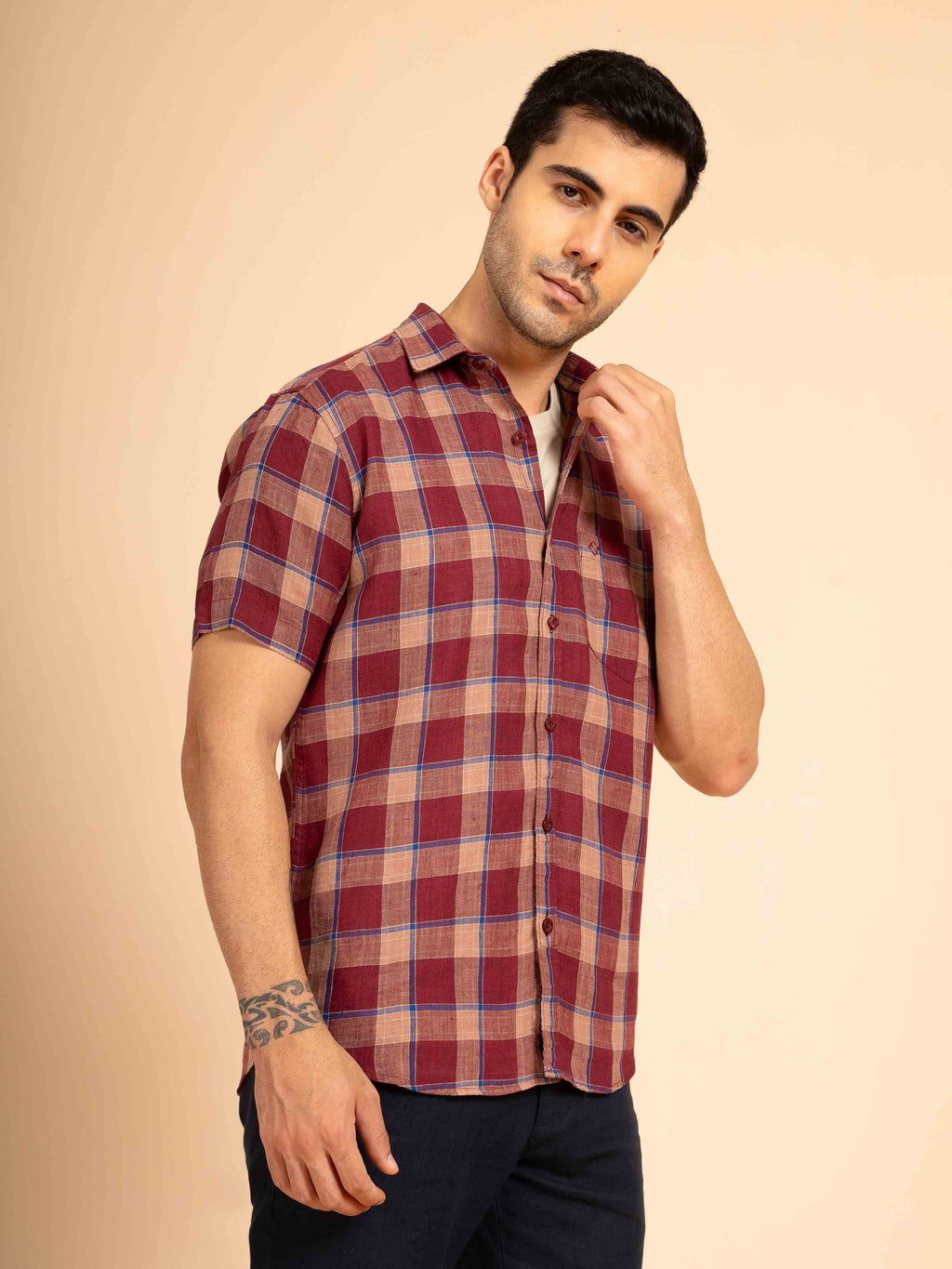 ST4U Men's Pure Linen Half Sleeve Checked Shirt – Maroon Blue Checks