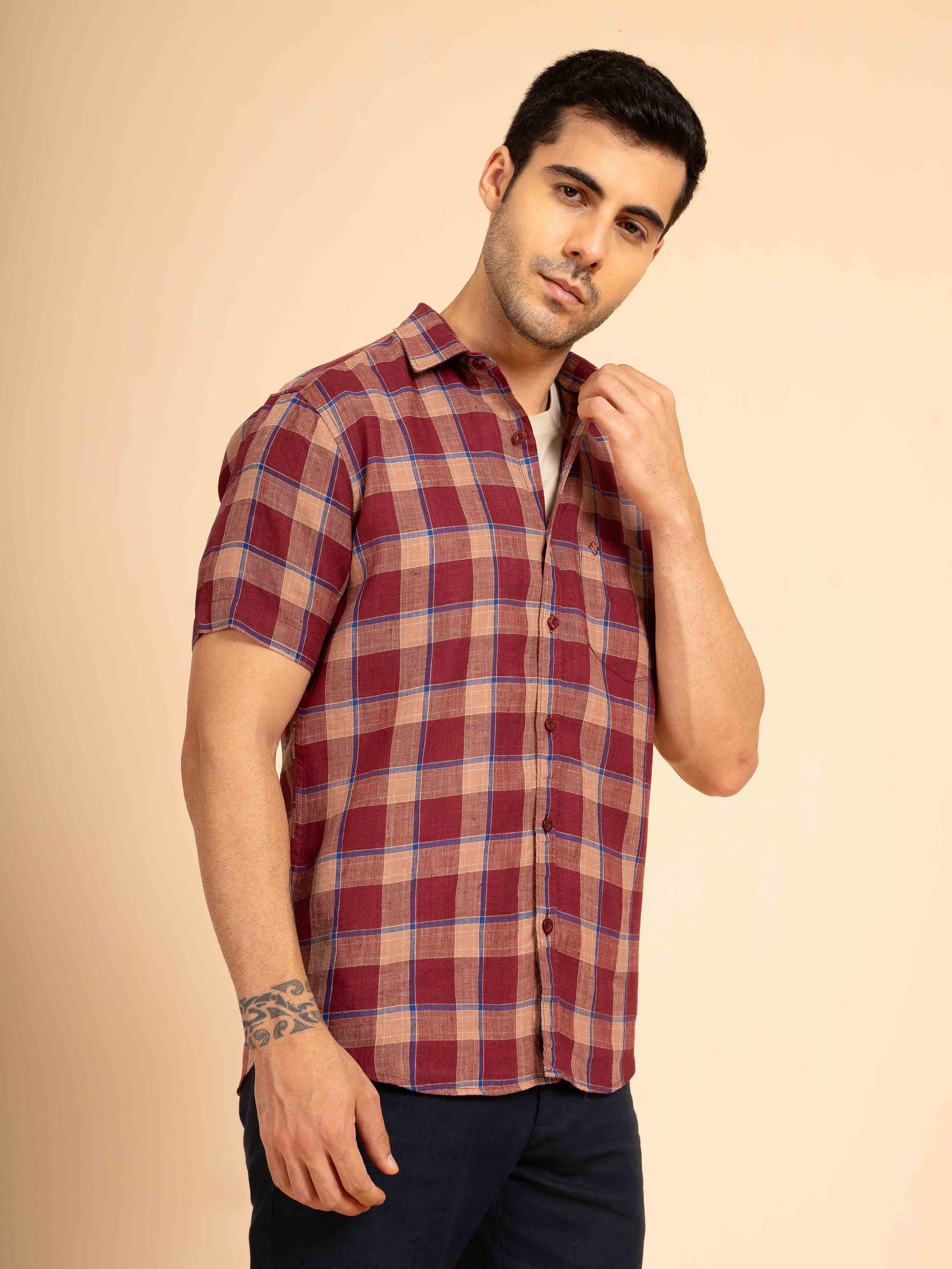 ST4U Men's Pure Linen Half Sleeve Checked Shirt – Maroon Blue Checks