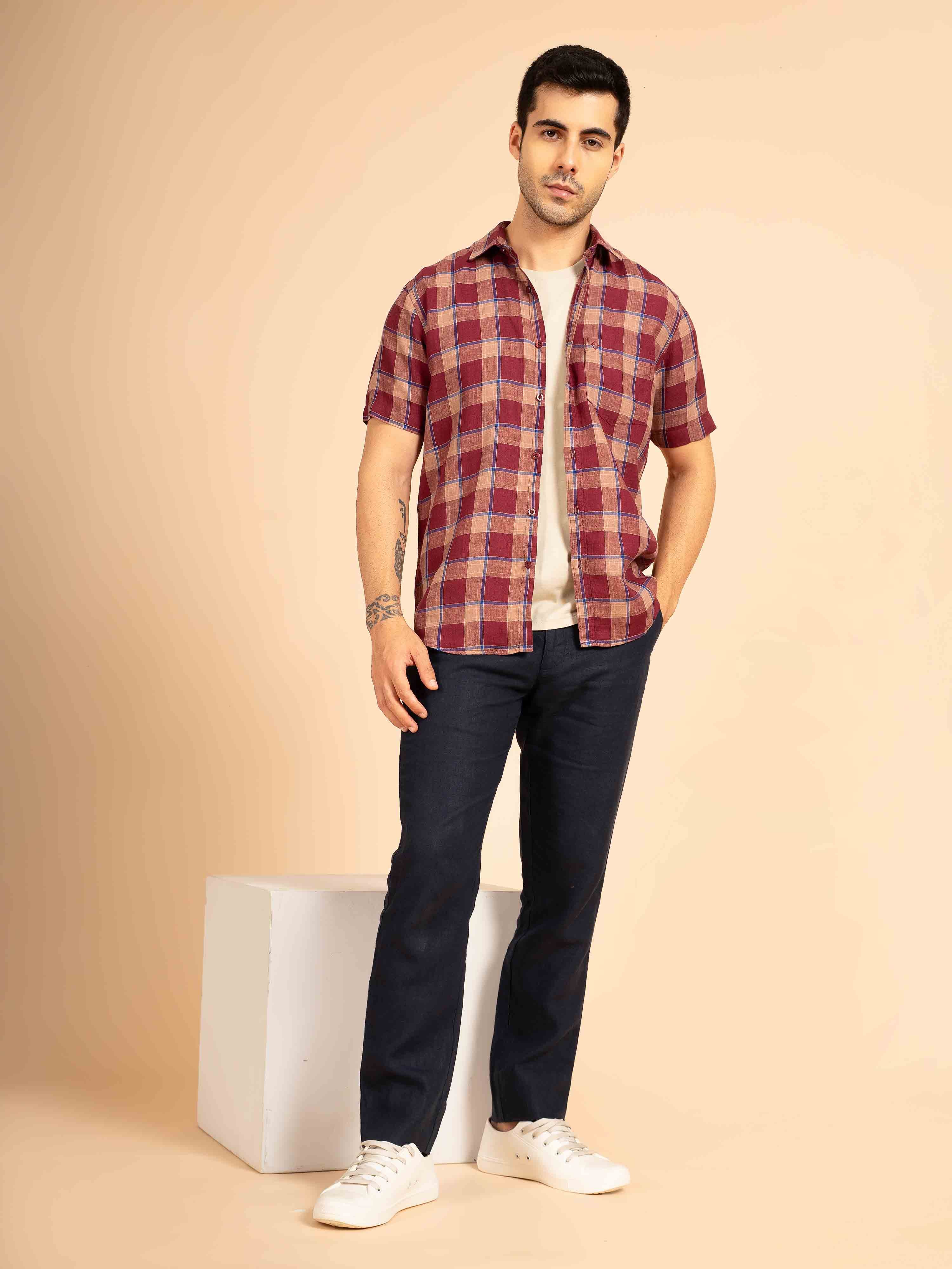 ST4U Men's Pure Linen Half Sleeve Checked Shirt – Maroon Blue Checks