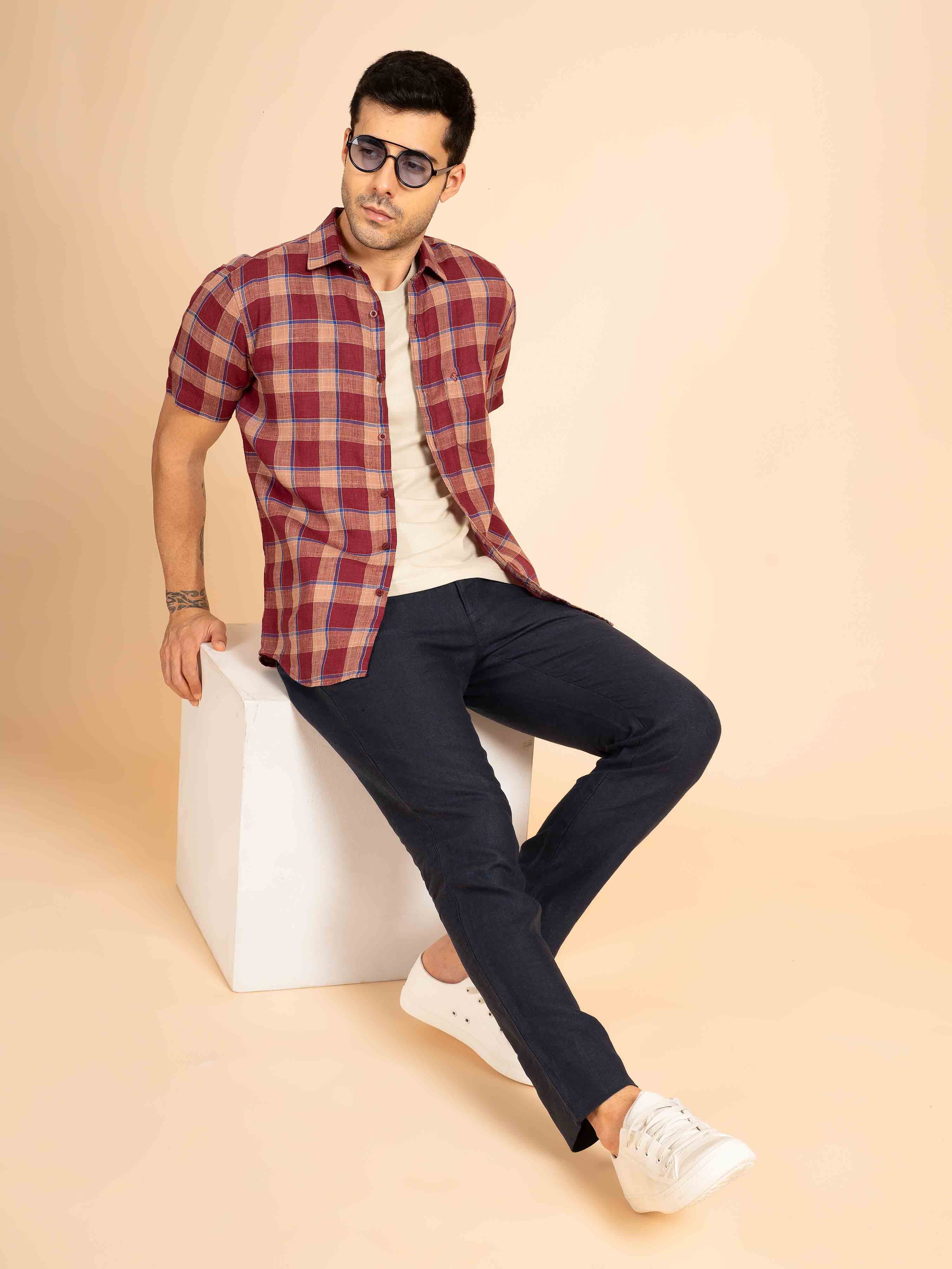 ST4U Men's Pure Linen Half Sleeve Checked Shirt – Maroon Blue Checks