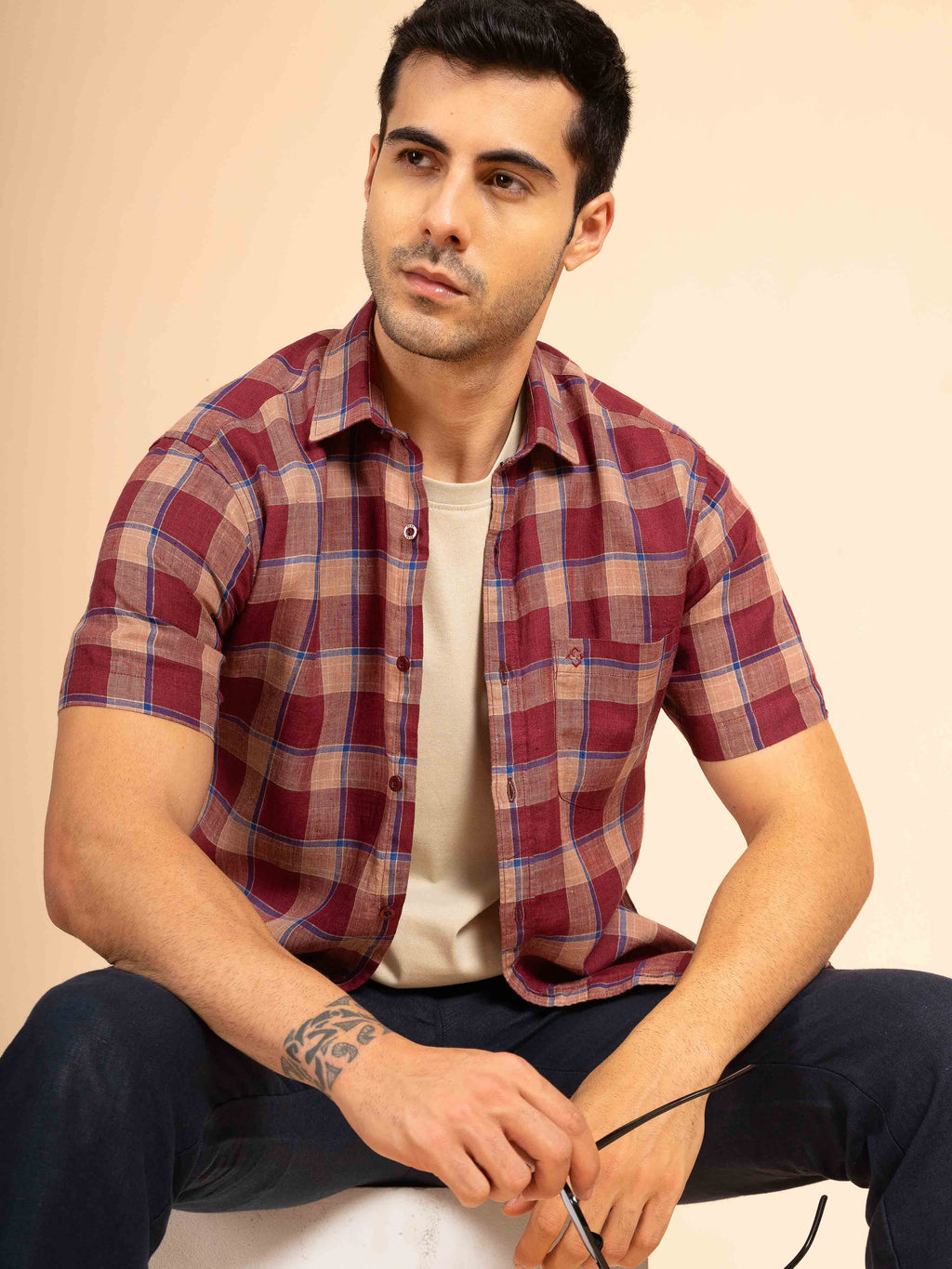 ST4U Men's Pure Linen Half Sleeve Checked Shirt – Maroon Blue Checks