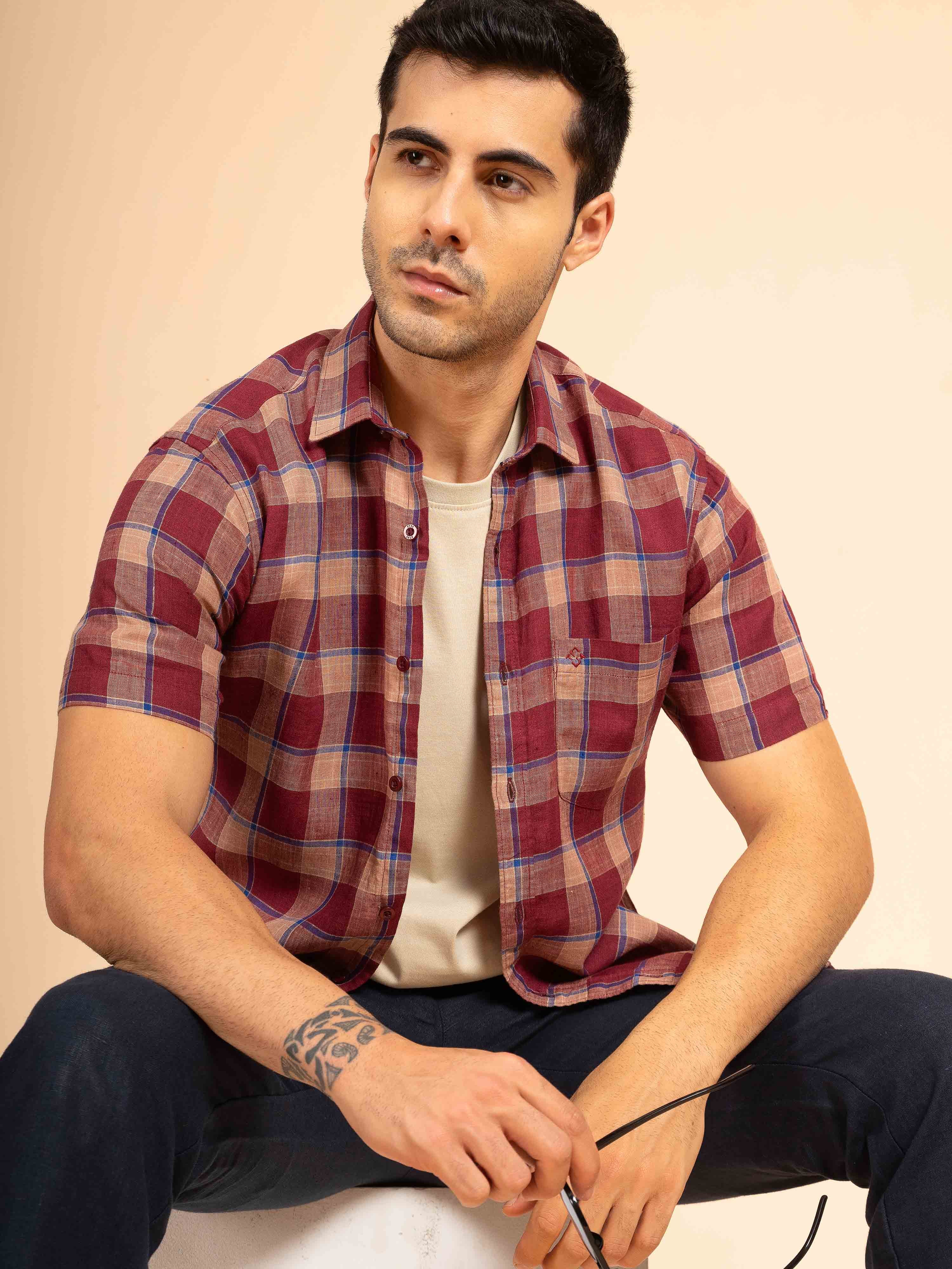 ST4U Men's Pure Linen Half Sleeve Checked Shirt – Maroon Blue Checks