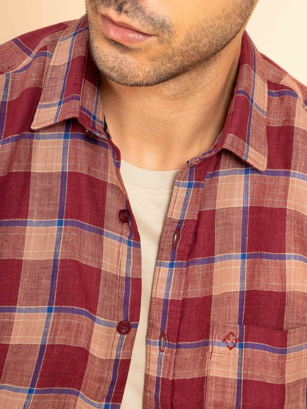 ST4U Men's Pure Linen Half Sleeve Checked Shirt – Maroon Blue Checks