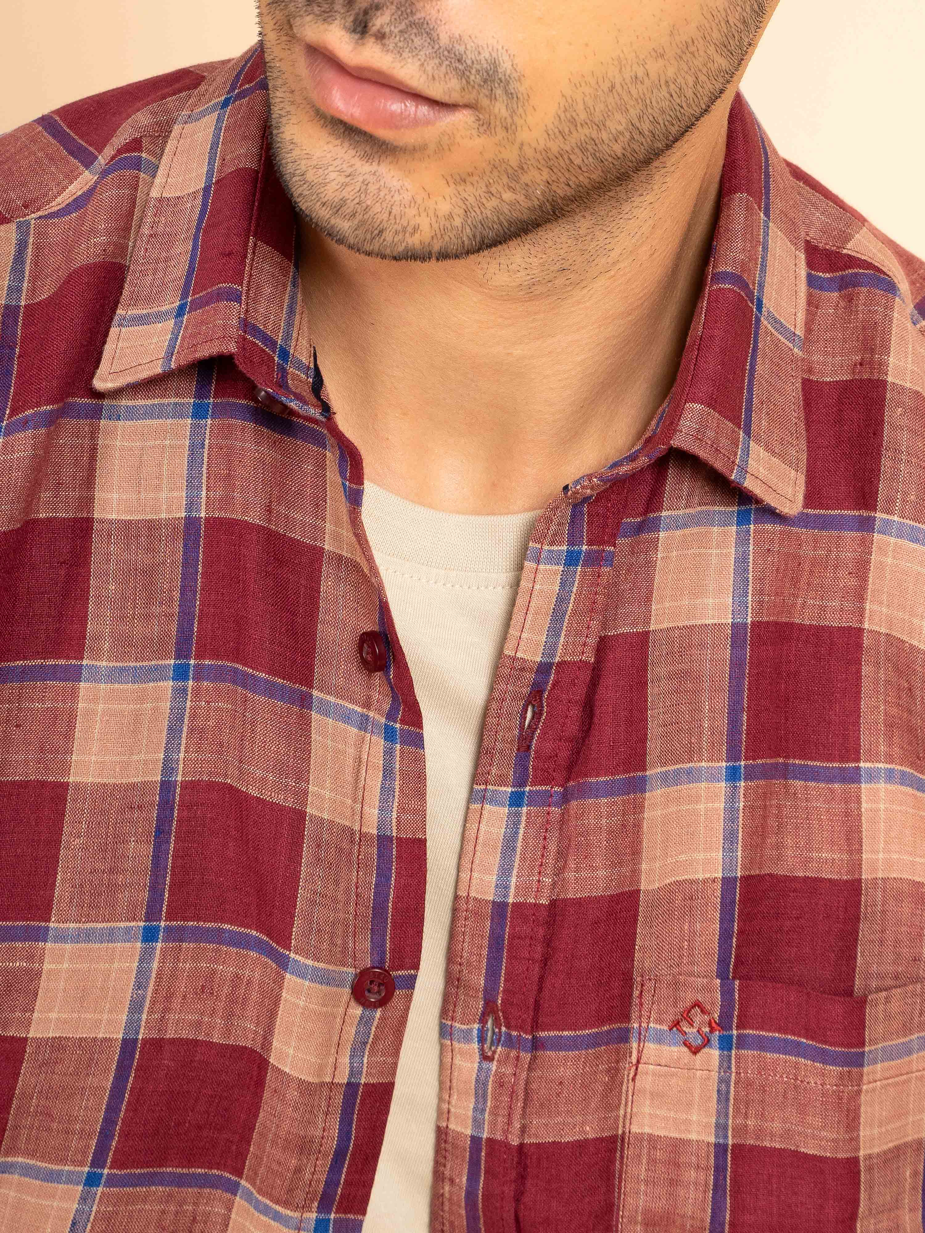 ST4U Men's Pure Linen Half Sleeve Checked Shirt – Maroon Blue Checks