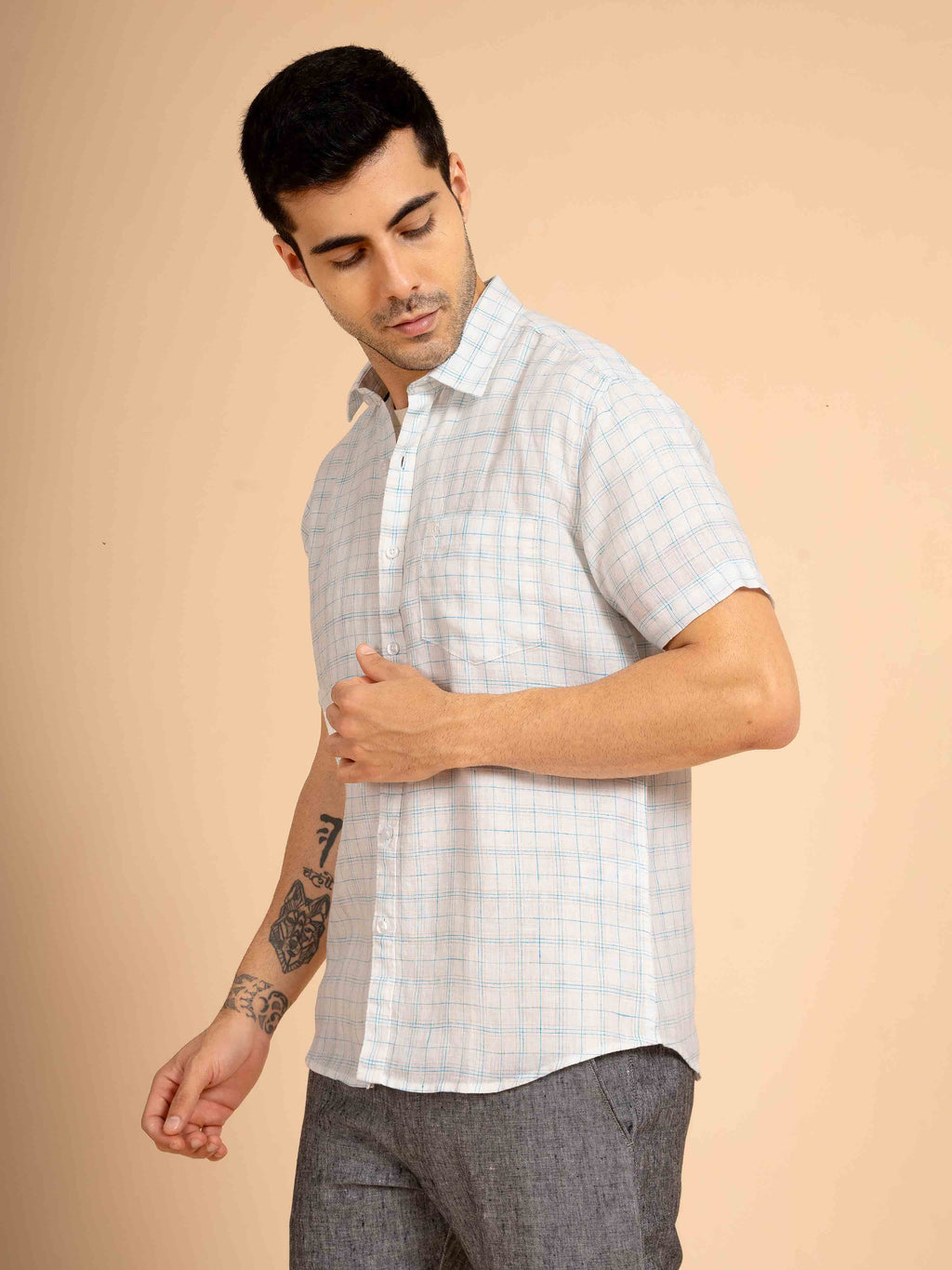 ST4U Men's Pure Linen Half Sleeve Checked Shirt – Sky Blue Checks