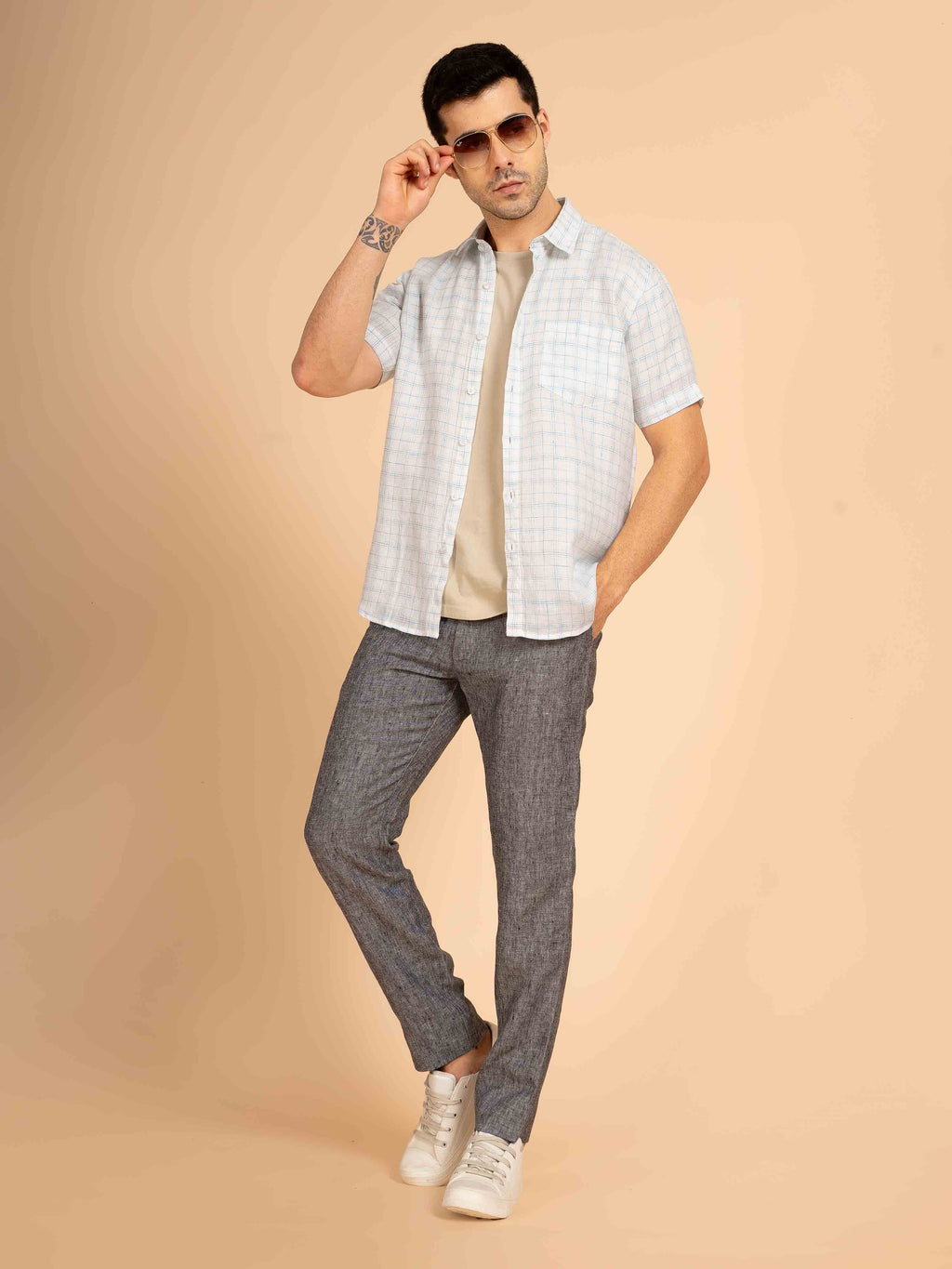 ST4U Men's Pure Linen Half Sleeve Checked Shirt – Sky Blue Checks
