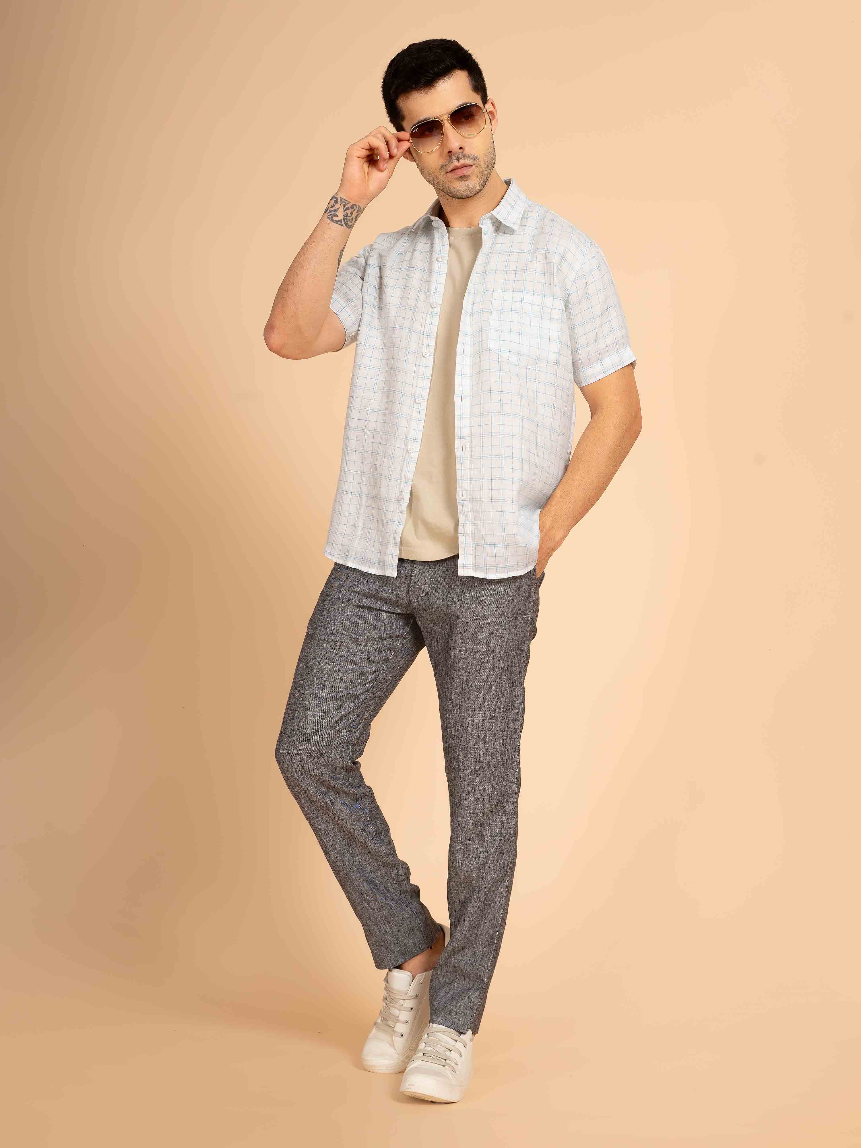 ST4U Men's Pure Linen Half Sleeve Checked Shirt – Sky Blue Checks