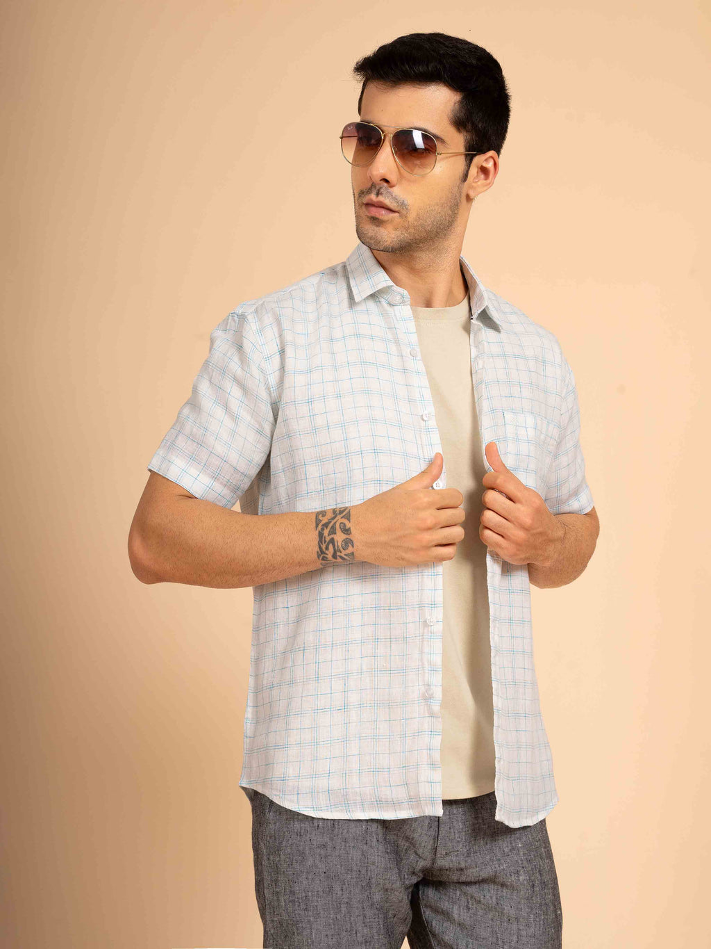 ST4U Men's Pure Linen Half Sleeve Checked Shirt – Sky Blue Checks