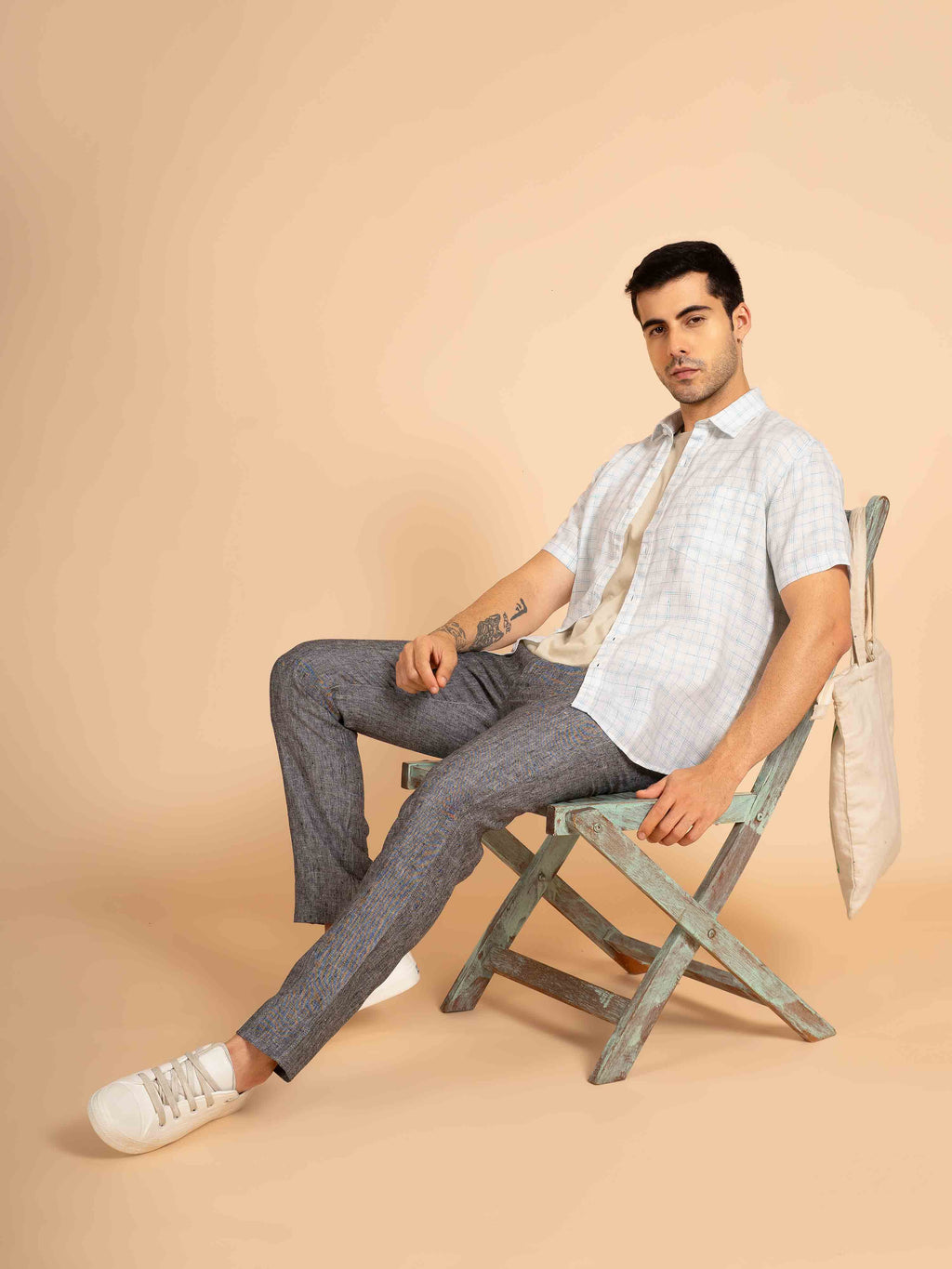 ST4U Men's Pure Linen Half Sleeve Checked Shirt – Sky Blue Checks