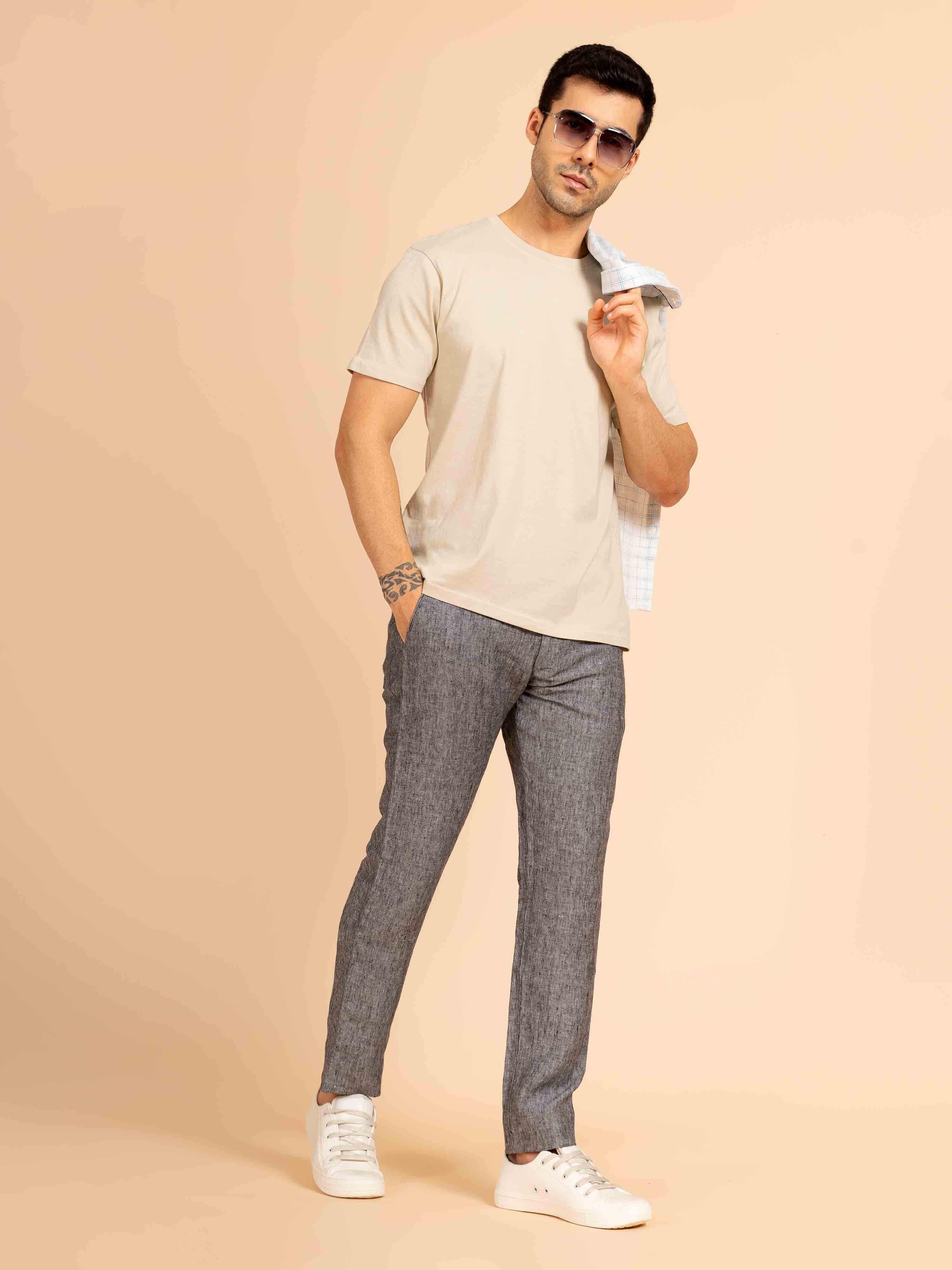 ST4U Men's Pure Linen Chambray Slim Fit Flat Front Trouser – Dark Grey