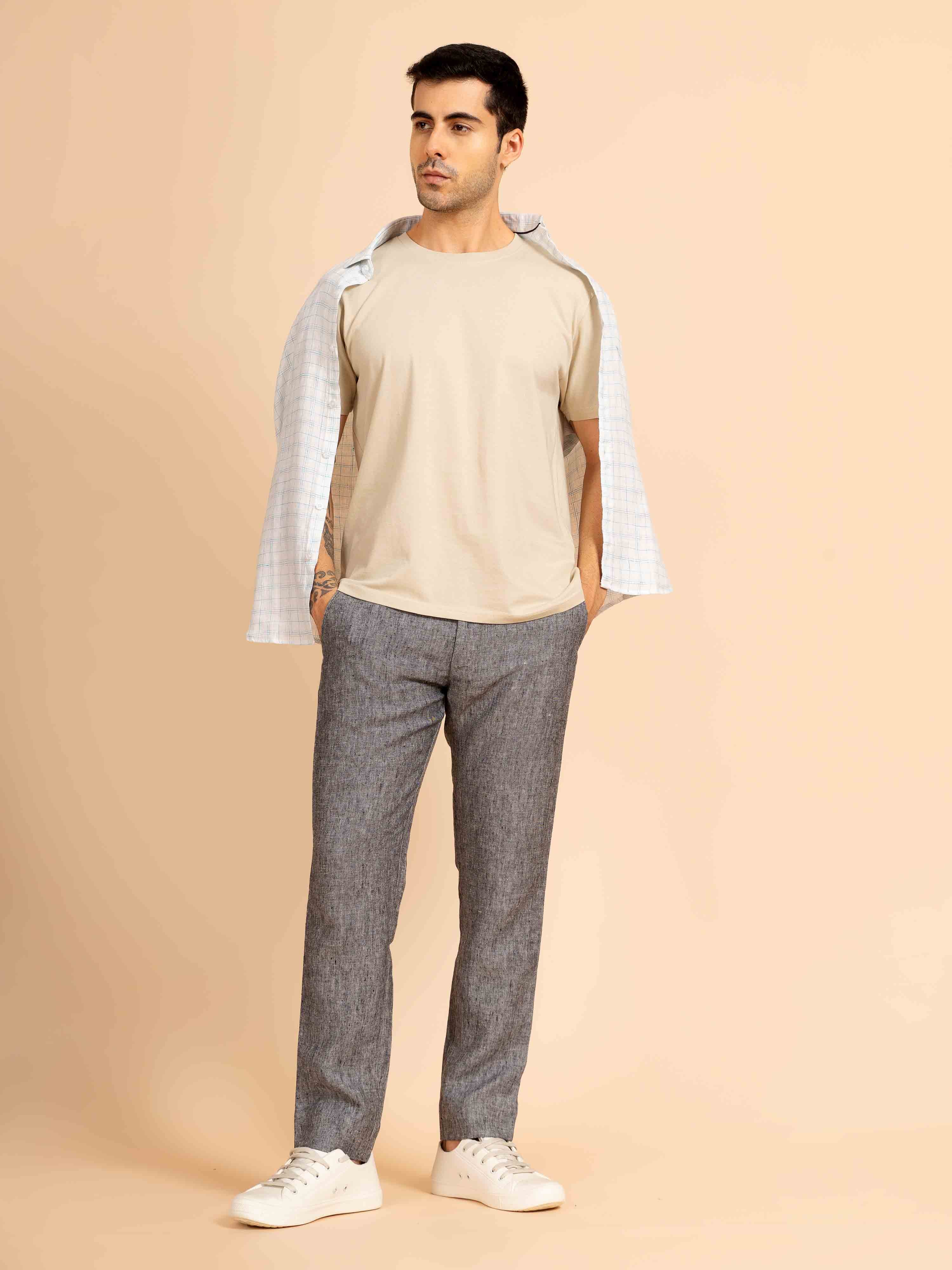 ST4U Men's Pure Linen Chambray Slim Fit Flat Front Trouser – Dark Grey