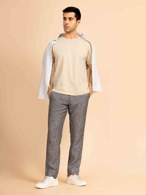 ST4U Men's Pure Linen Chambray Slim Fit Flat Front Trouser – Dark Grey