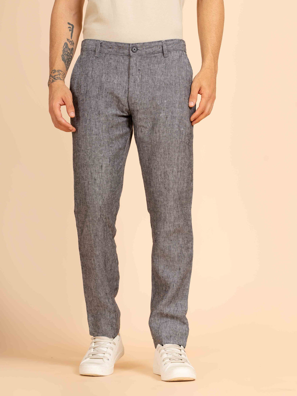 ST4U Men's Pure Linen Chambray Slim Fit Flat Front Trouser – Dark Grey