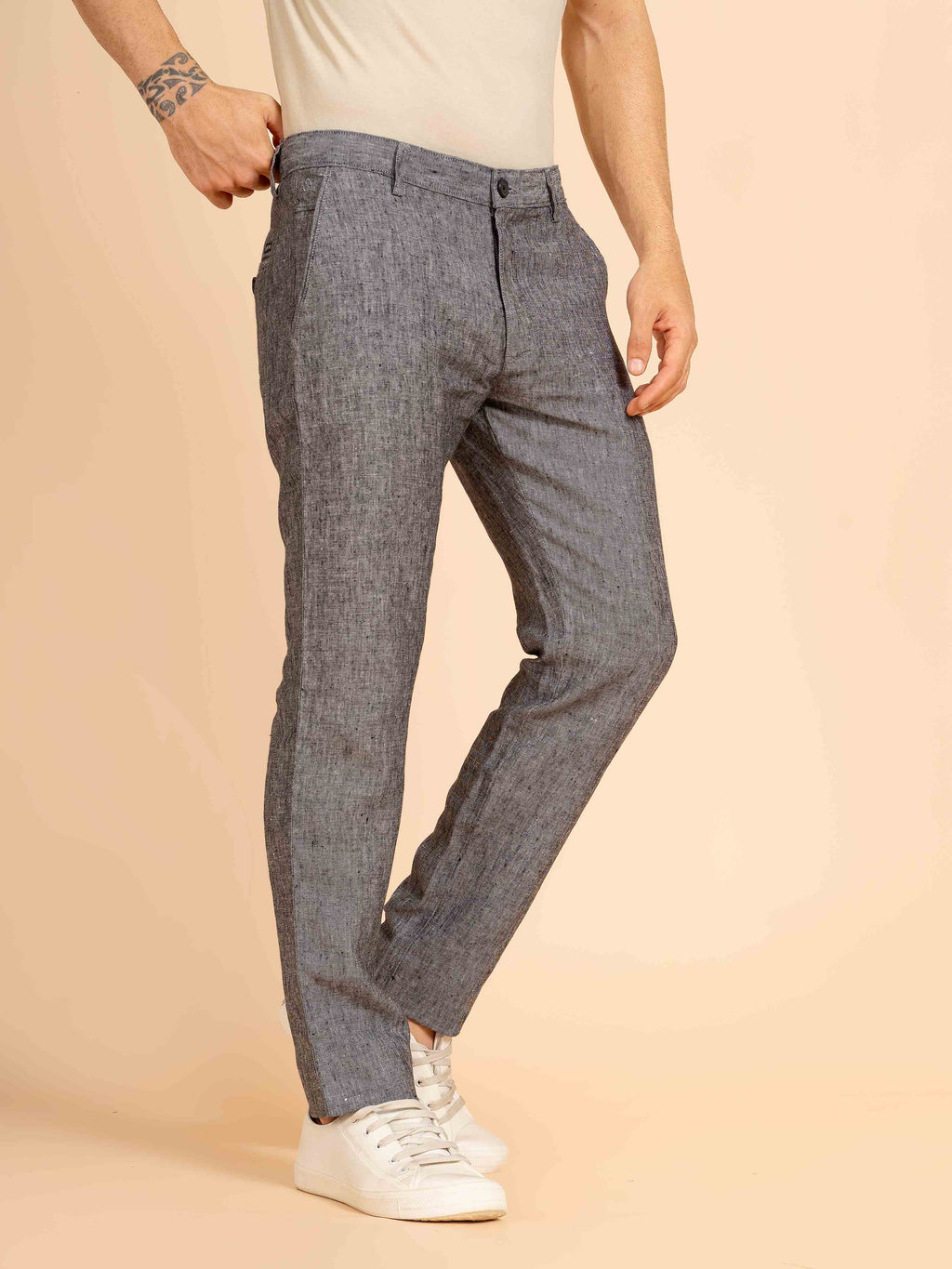 ST4U Men's Pure Linen Chambray Slim Fit Flat Front Trouser – Dark Grey