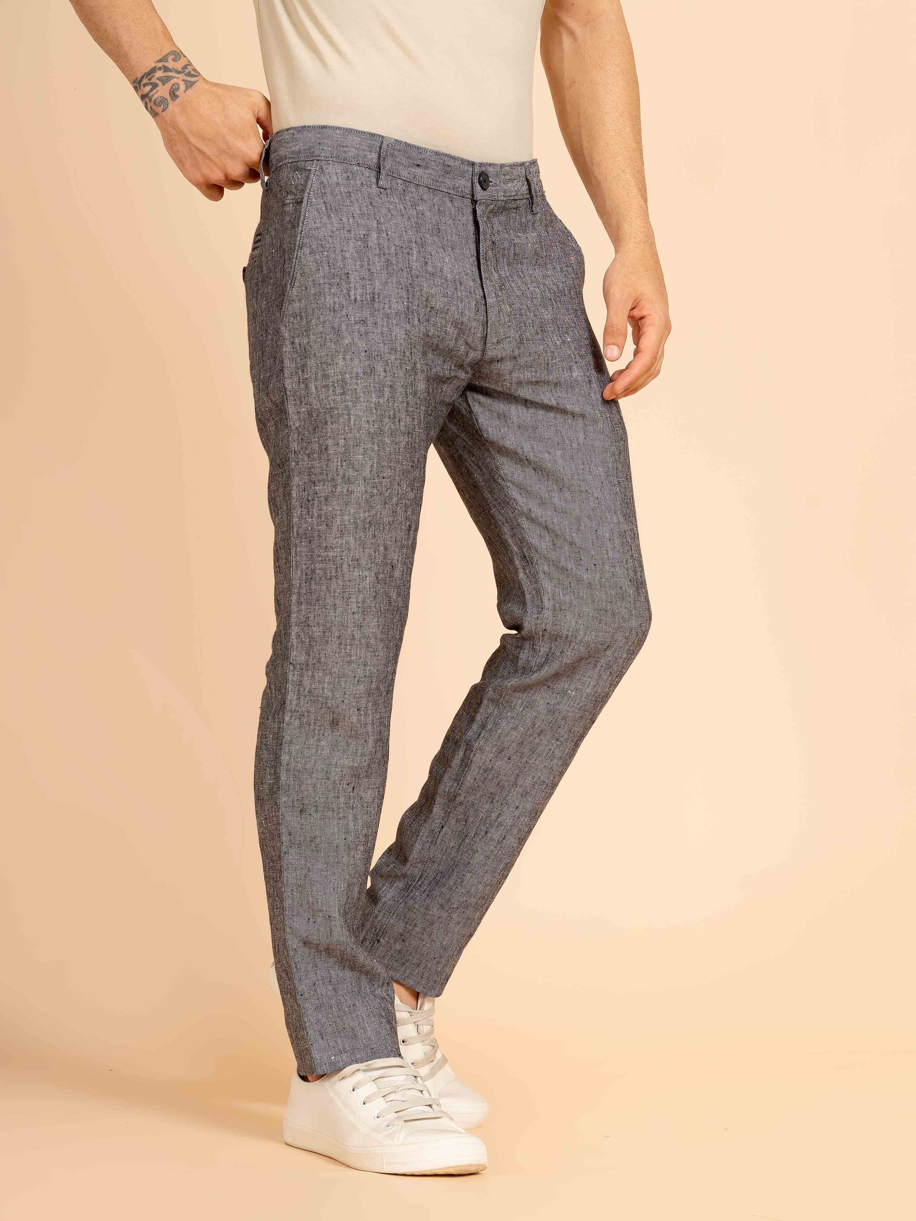 ST4U Men's Pure Linen Chambray Slim Fit Flat Front Trouser – Dark Grey