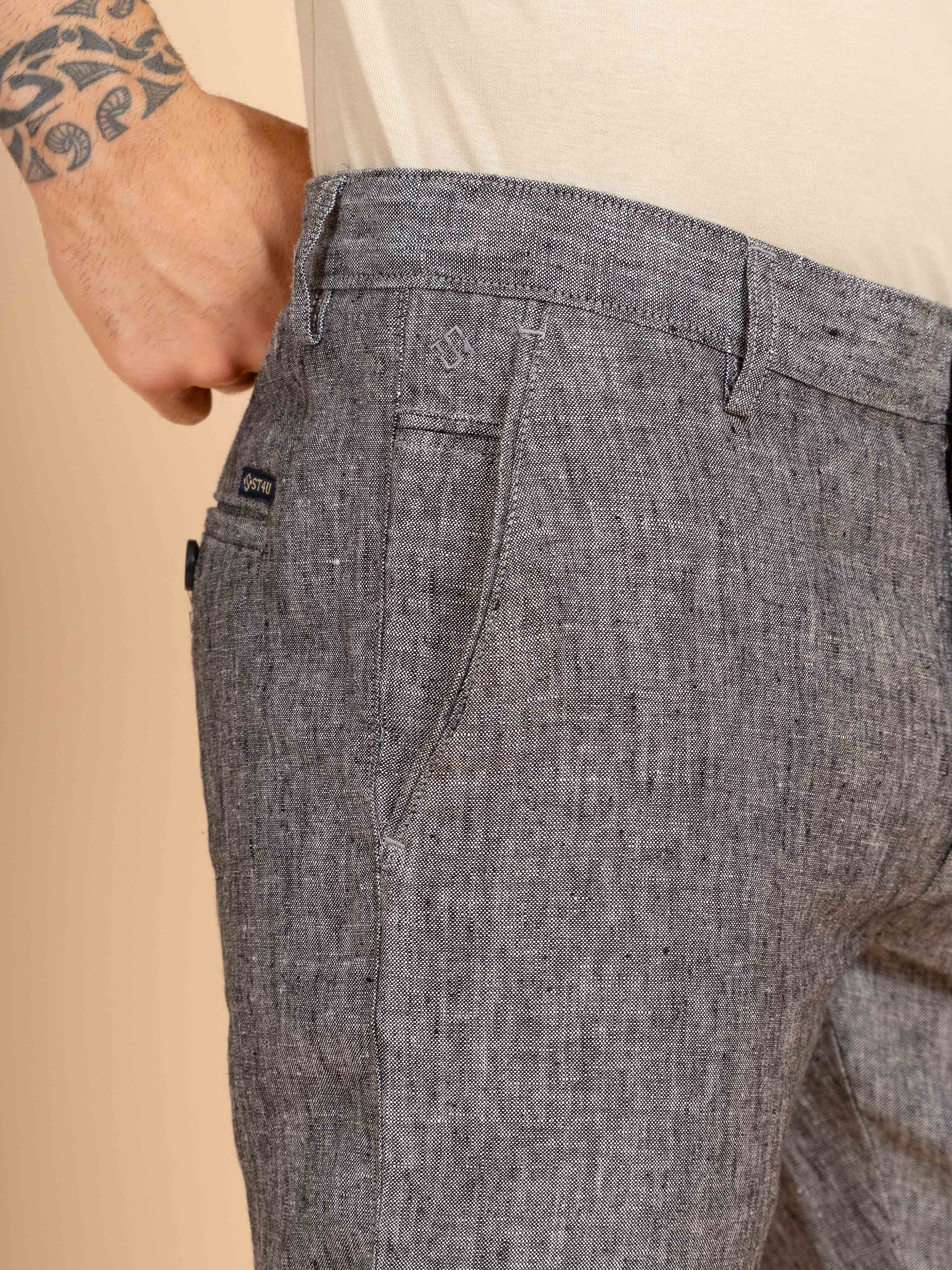 ST4U Men's Pure Linen Chambray Slim Fit Flat Front Trouser – Dark Grey