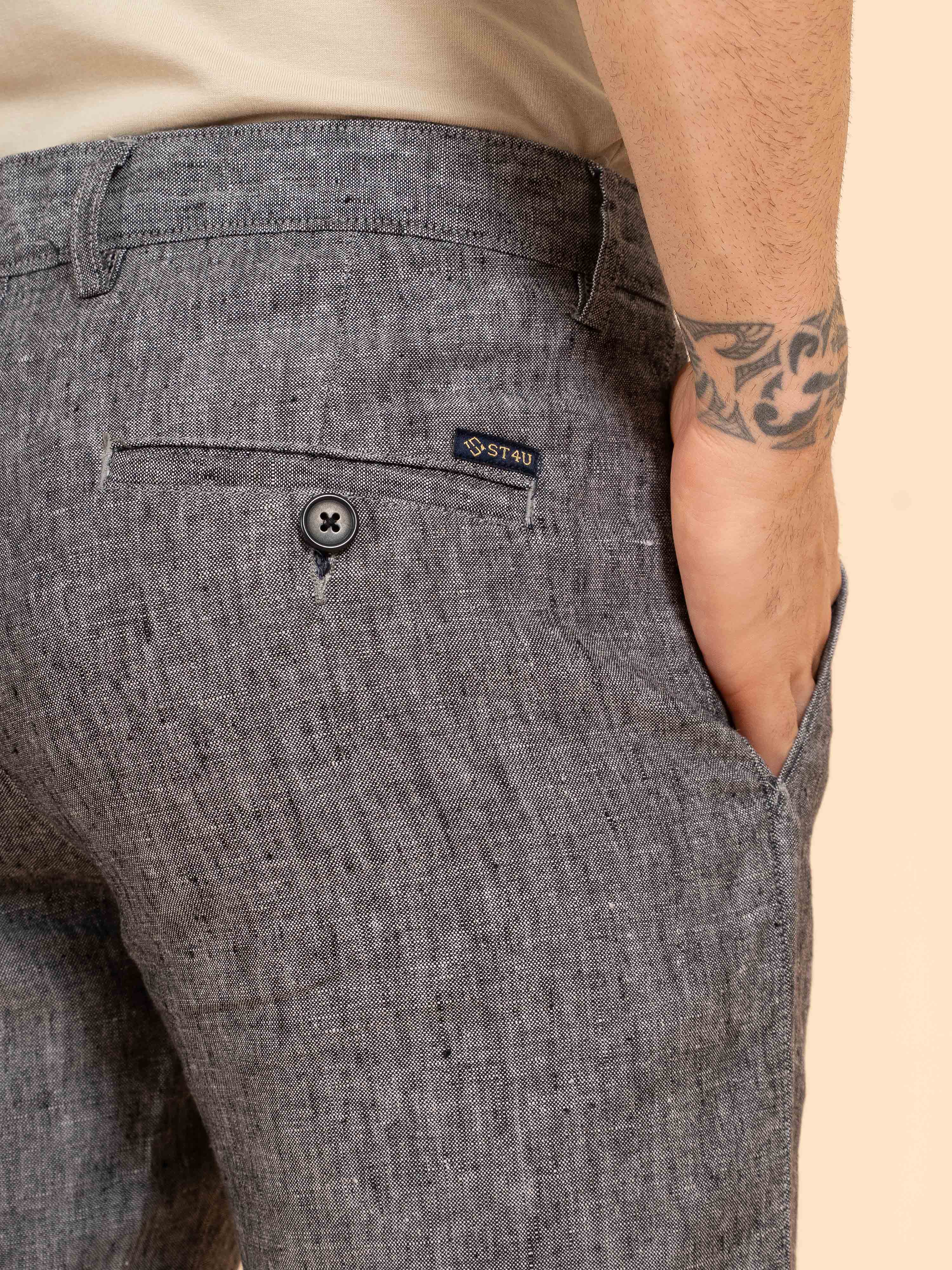 ST4U Men's Pure Linen Chambray Slim Fit Flat Front Trouser – Dark Grey
