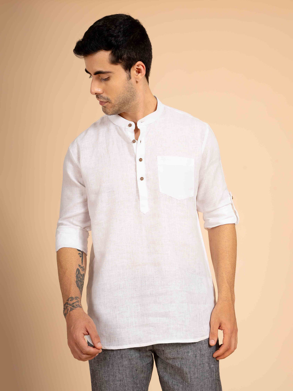 ST4U Men's Pure Linen Full Sleeve Solid Short Kurta – White