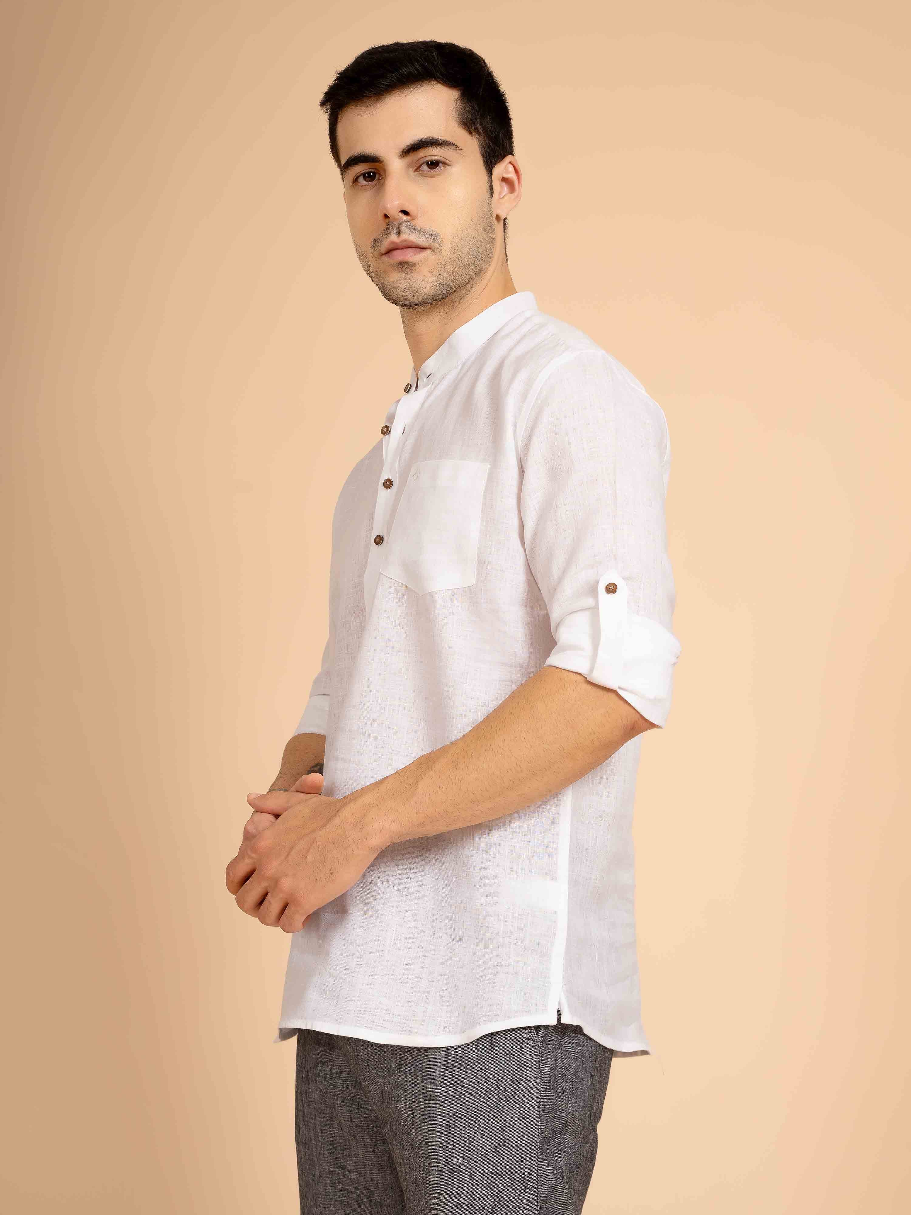 ST4U Men's Pure Linen Full Sleeve Solid Short Kurta – White