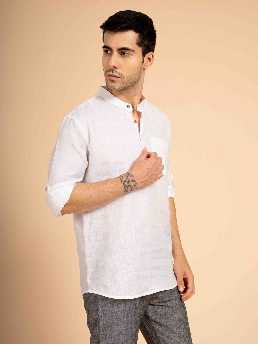 ST4U Men's Pure Linen Full Sleeve Solid Short Kurta – White
