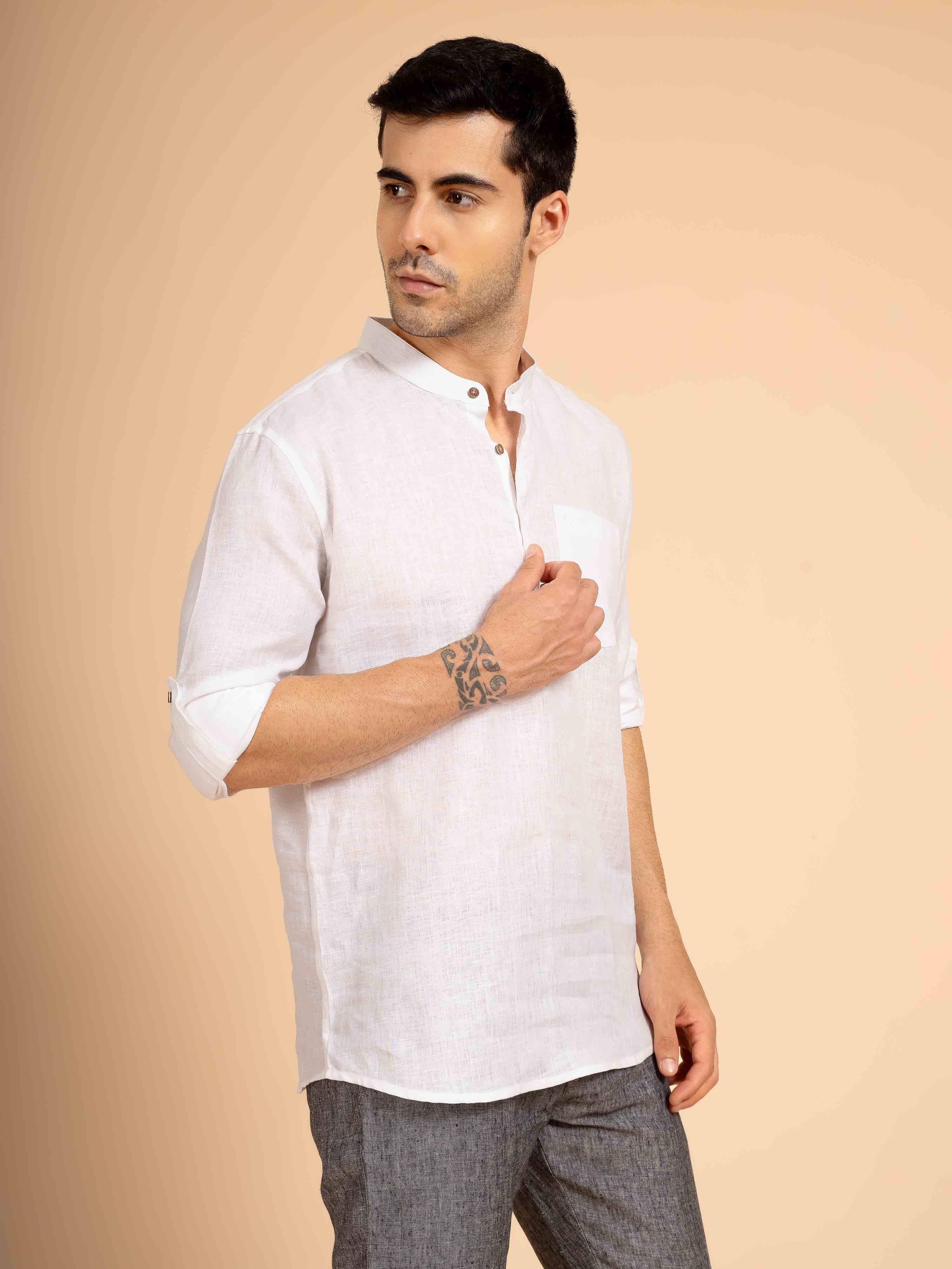 ST4U Men's Pure Linen Full Sleeve Solid Short Kurta – White